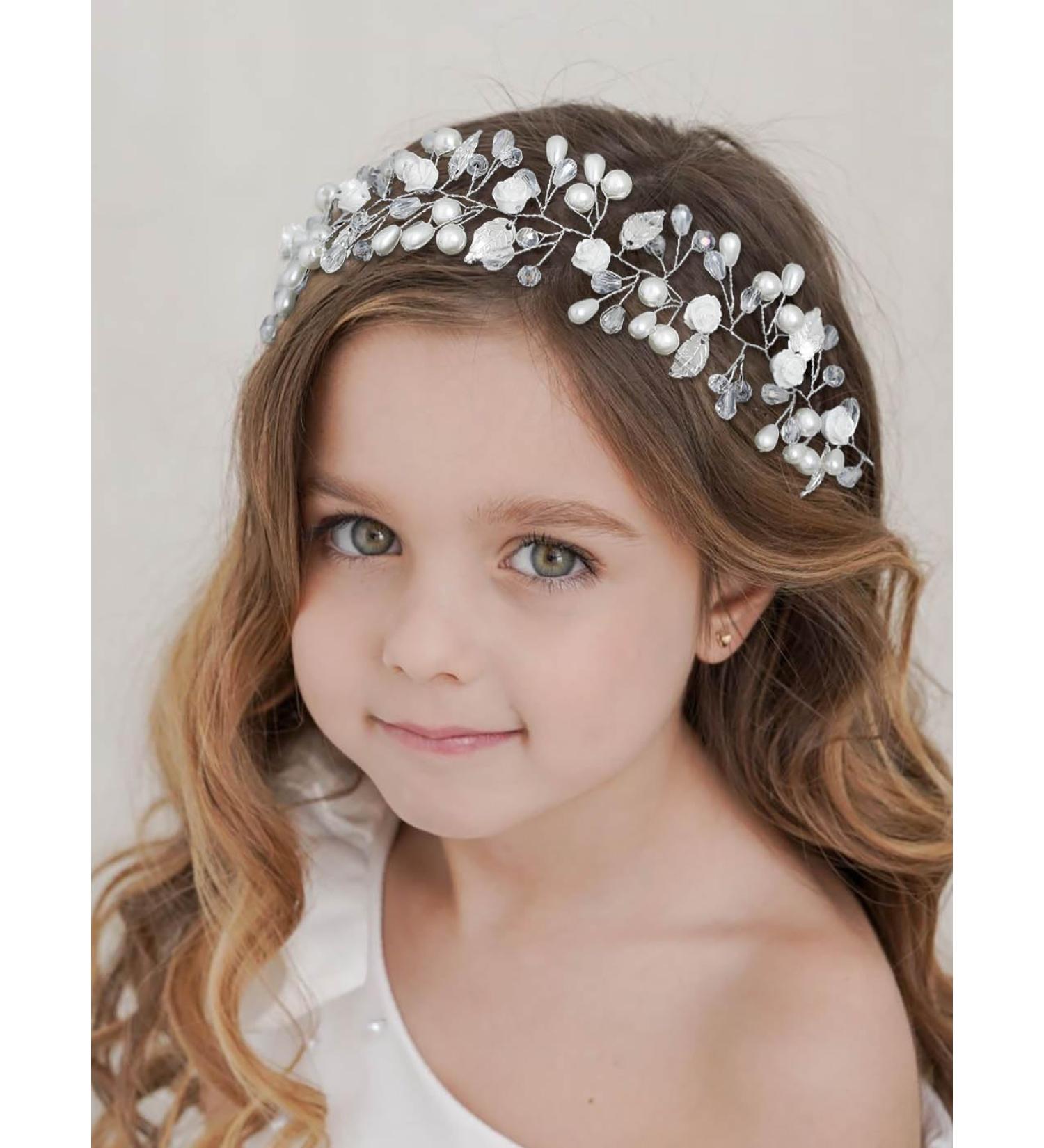 IYOU Flower Girl Headband Silver Floral Pearl Headpiece Crystal Bridal Hair Vines Princess Communion Wedding Hair Accessories for Kids - Buy Online on GoSupps.com
