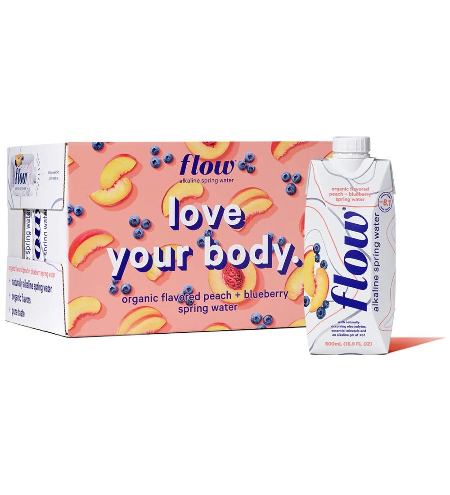 Flow Alkaline Spring Water Organic Peach + Blueberry 100% Natural Alkaline Water pH 8.1 Electrolytes + Essential Minerals Eco-Friendly Pack 100% Recyclable BPA-Free Non-GMO Pack of 12 x 500ml - Buy Online on GoSupps.com