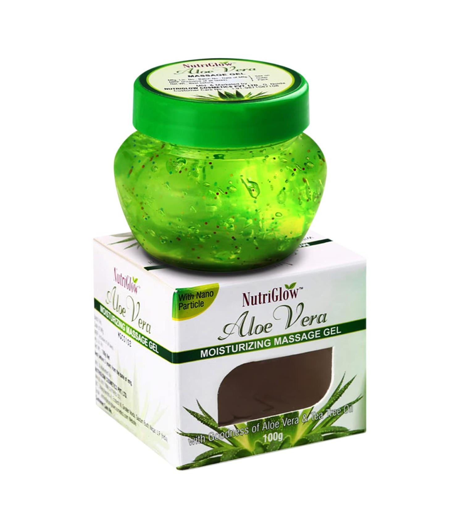 Nutriglow Aloe Vera Gel Great for Face Hair Acne Sunburn Bug Bites Rashes Glowing and Radiant Skin Hydrating Gel Relieves Itchy & Irritated Skin Non Sticky 100Gm - Buy Online on GoSupps.com
