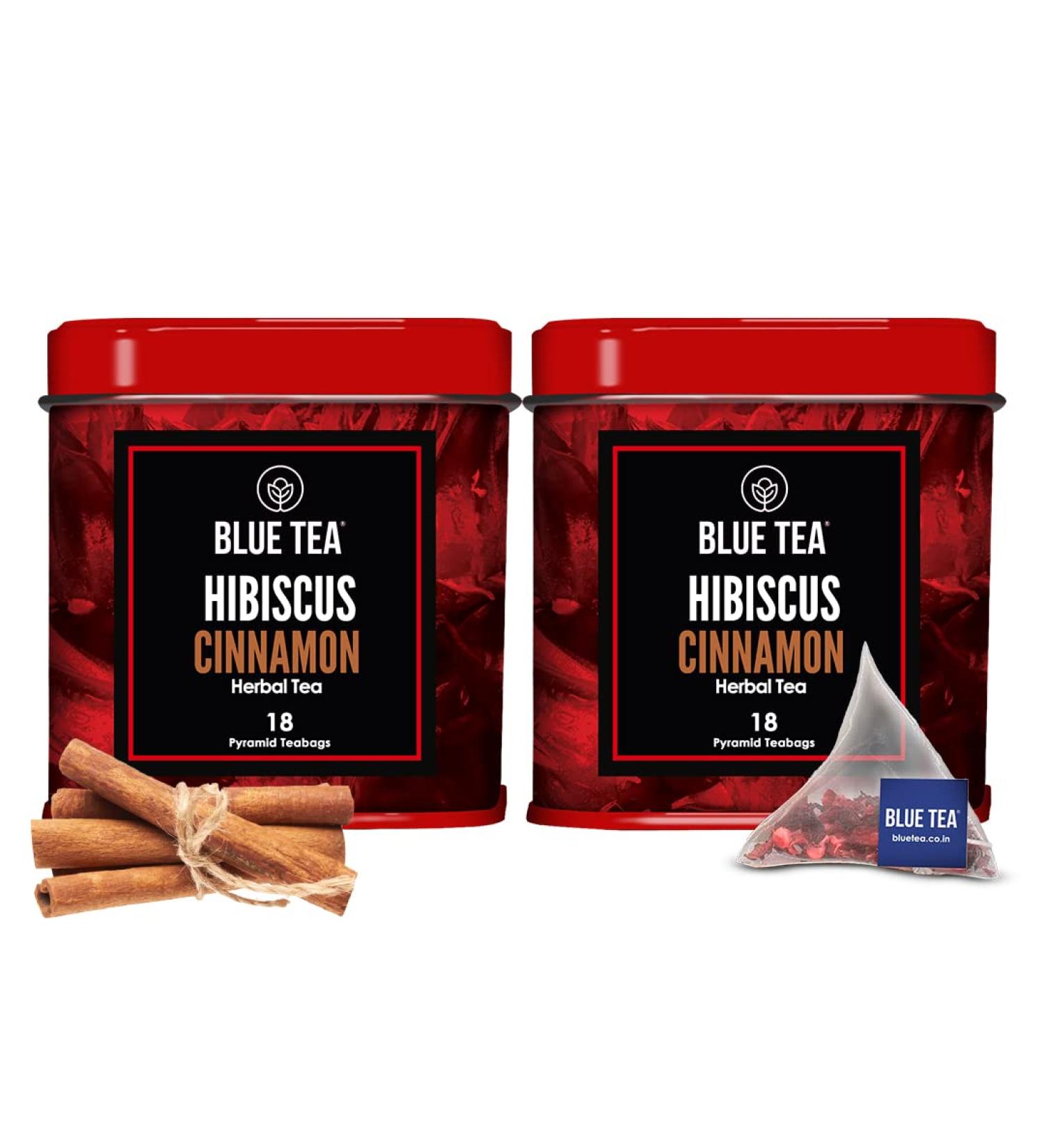 BLUE TEA - Hibiscus Cinnamon Herbal Tea - 36 Tea Bags (Pack of 2) | CAFFEINE FREE | Tangy & Spicy Tea | Gluten Free - Tin Pack - Buy Online on GoSupps.com