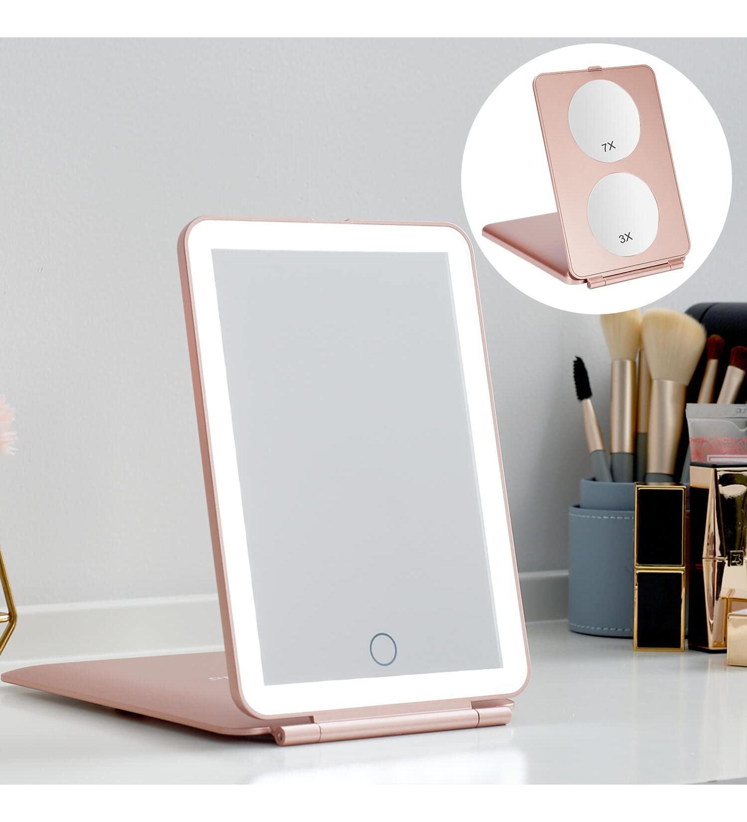LED Foldable Travel Makeup Mirror - 5x7 inches, 3 Color Light Modes, USB Rechargeable - Rose Gold - Buy Online on GoSupps.com