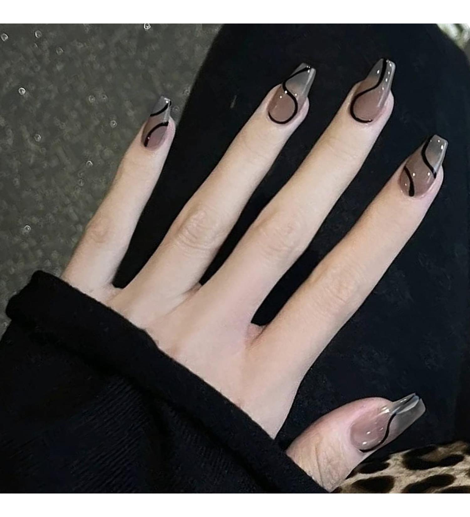 BABALAL Black Acrylic Coffin Press on Nails - Swirl Medium Ballerina False Nails for Women/Girls | Glossy Finish | 018-CRJC - Buy Online on GoSupps.com