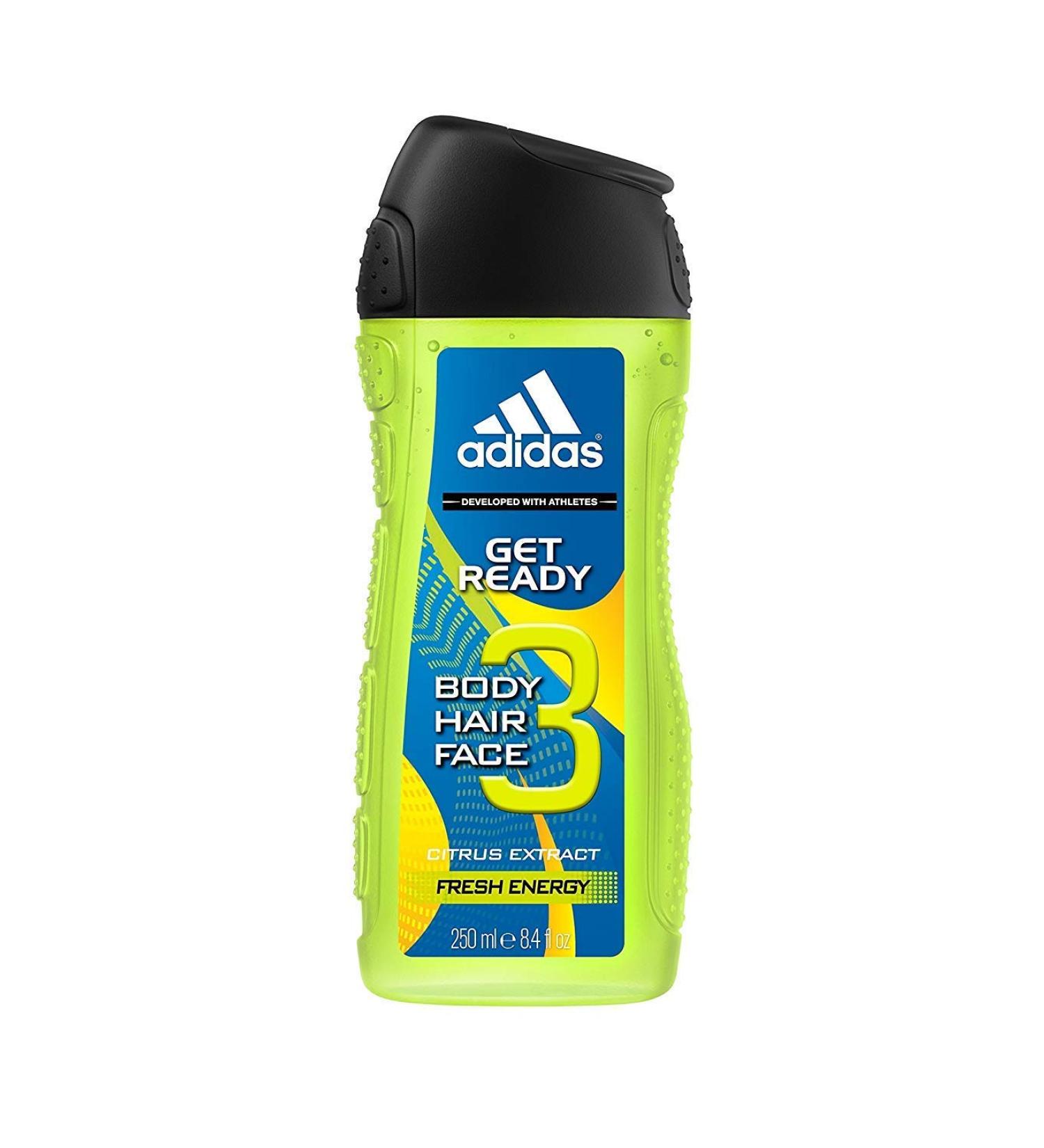 adidas Get Ready 3-in-1 Shower Gel - Sparkling Citrus Fragrance for Body Hair & Face | pH-Friendly | 250 ml - International Shipping Available - Buy Online on GoSupps.com