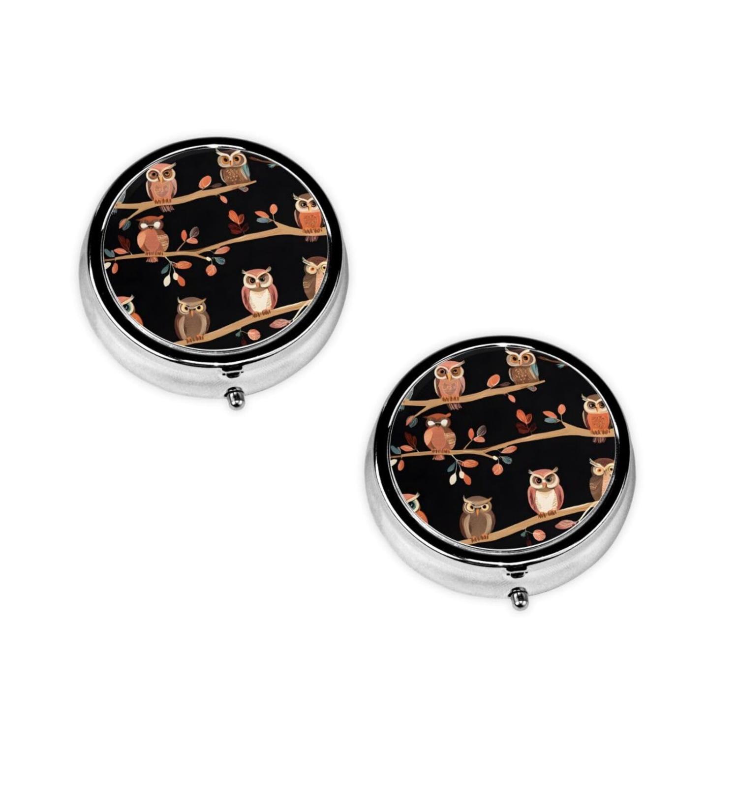 Cute Brown Cartoon Owls Mini Round Pill Box | 3 Compartment Pill Organizer for Travel & Home | Portable Medicine Case - Buy Online on GoSupps.com