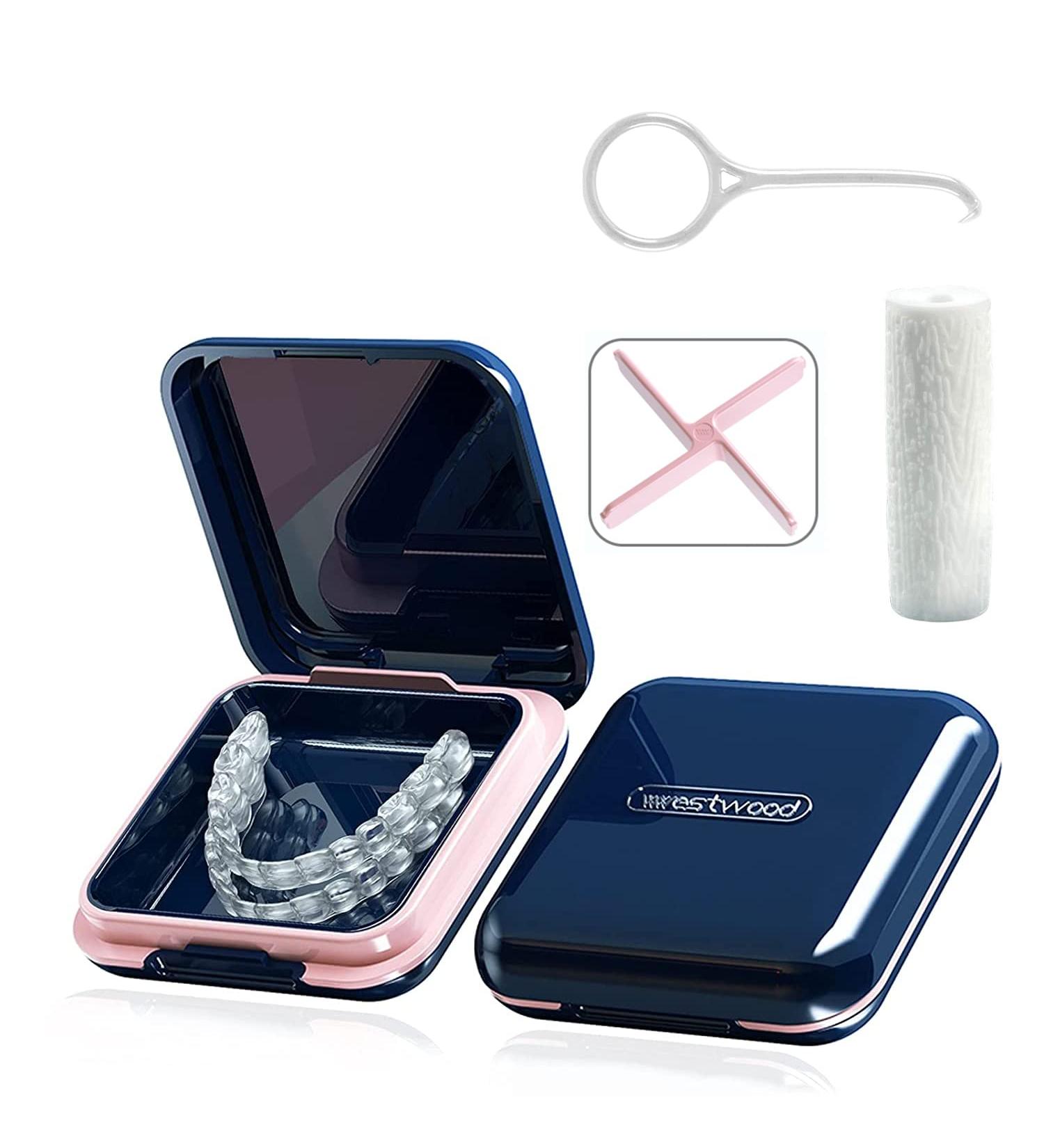 SOLID Orthodontic Retainer Case with Braces Removal Tool - Dark Blue | Dental Mouth Guard Denture Brace Retainer Case for Invisible Braces Correction - Buy Online on GoSupps.com