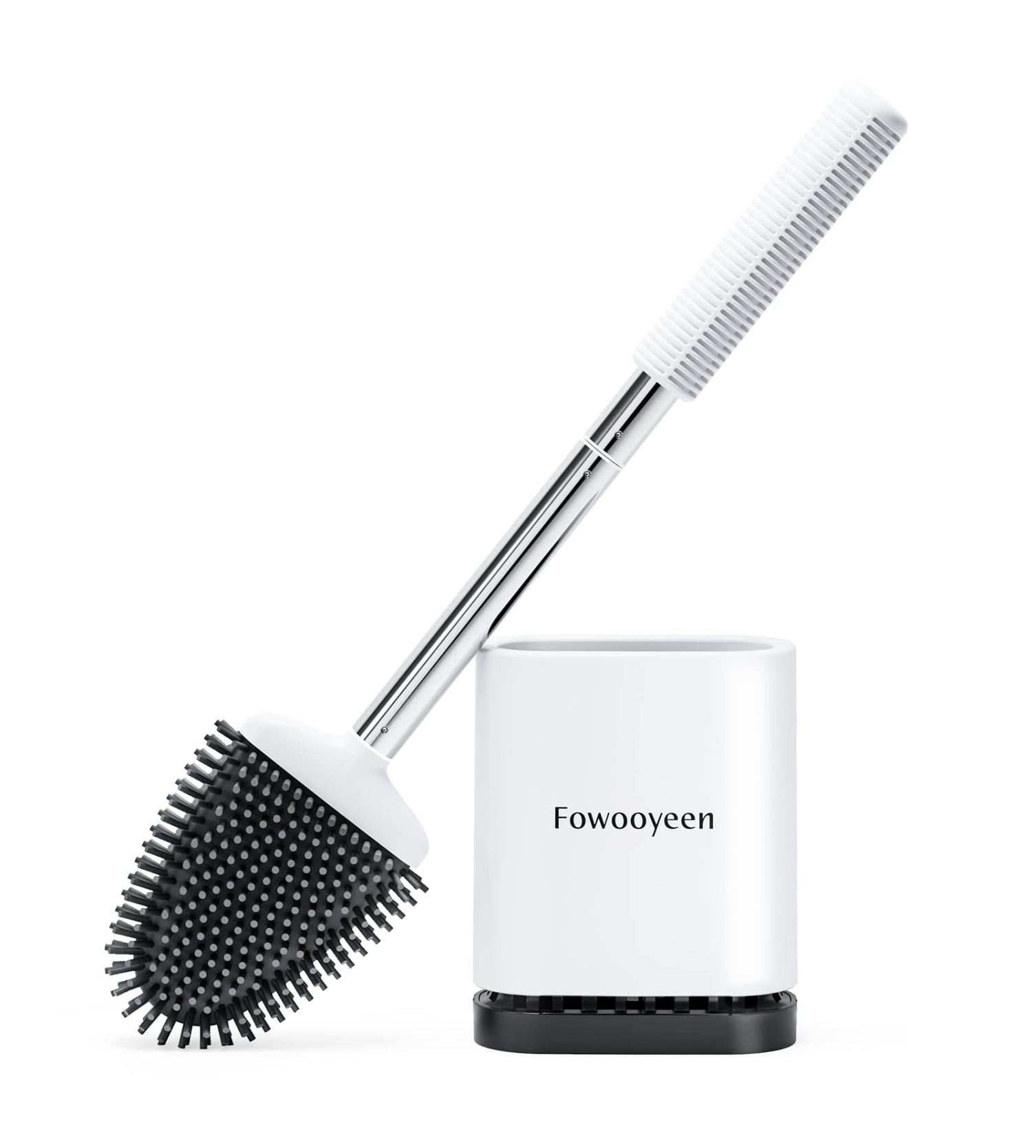 Fowooyeen Silicone Toilet Brush with Stainless Steel Handle - White Toilet Cleaning Brush Set with Ventilated Holder - 1 Pack - Buy Online on GoSupps.com