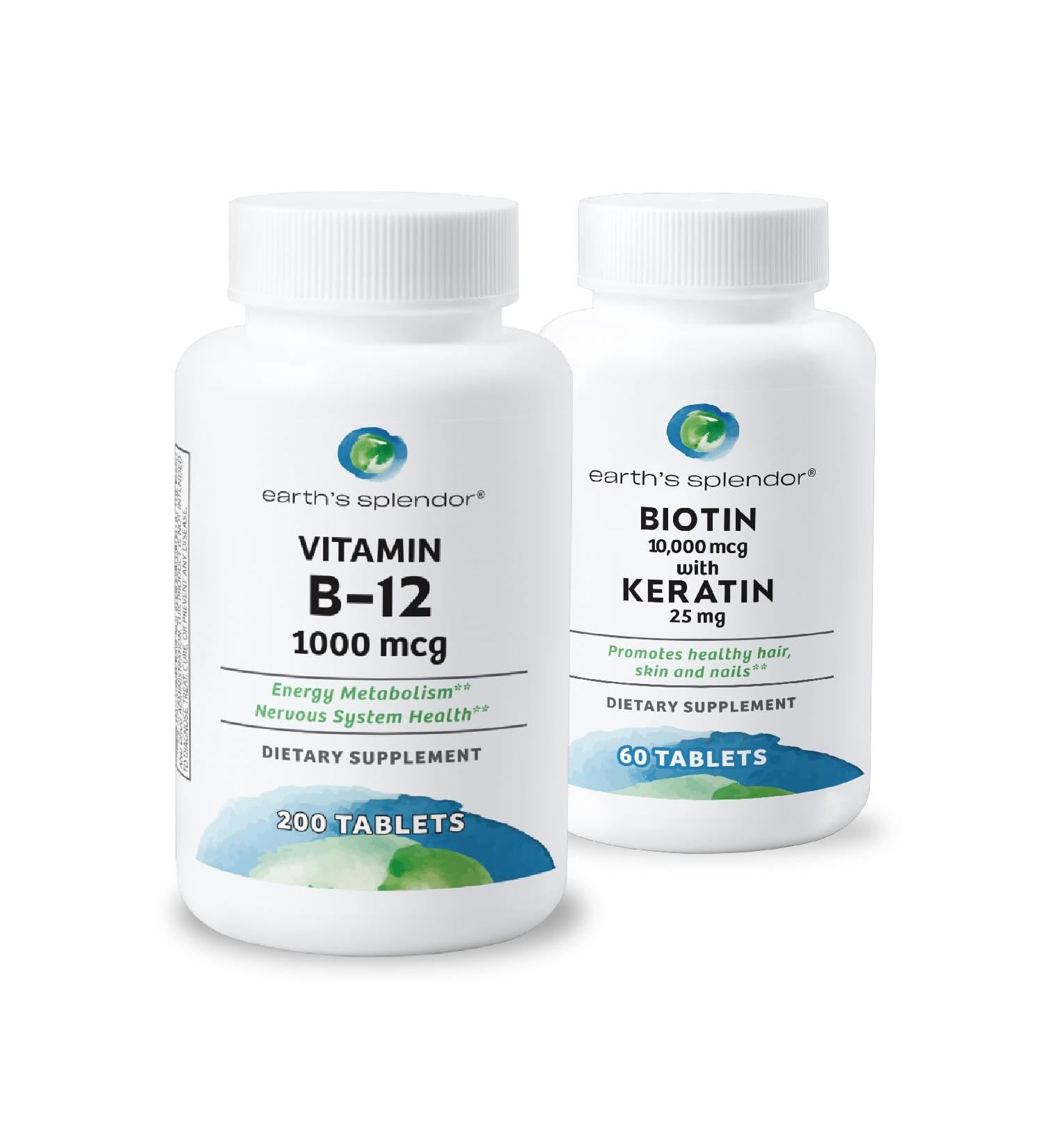 Earth's Splendor Energy & Hair Support: Vitamin B12 (200 Tablets) + Biotin 10 000 mcg & Keratin 25mg (60-Day Supply) - Boosts Energy Hair Nails & Skin - No Artificial Colors Gluten Free - Buy Online on GoSupps.com