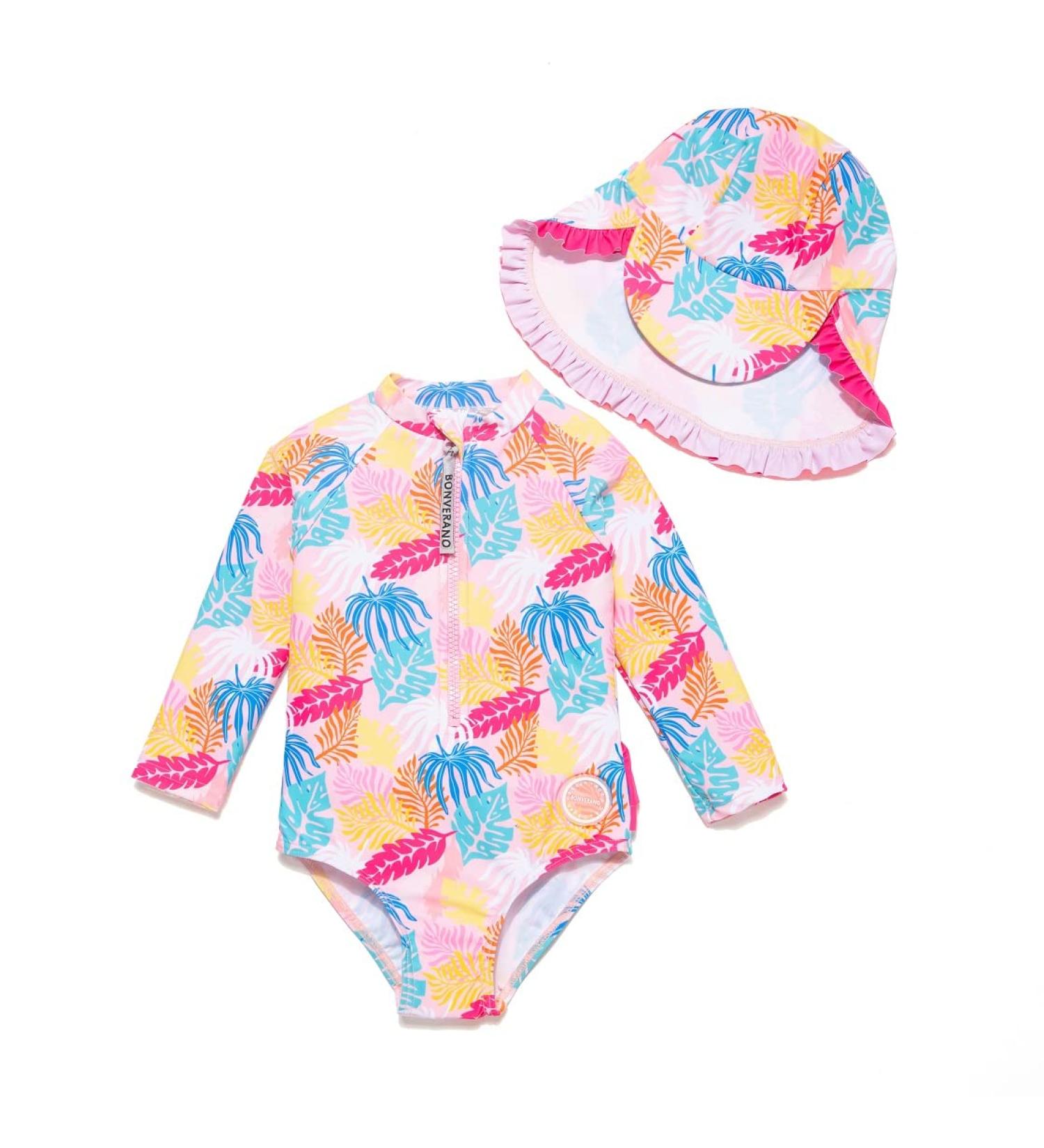 BONVERANO Baby Girls Swimsuit UPF 50+ Long-Sleeve Zipper One Piece - 9-12 Months, Colorful Leaf - Buy Online on GoSupps.com