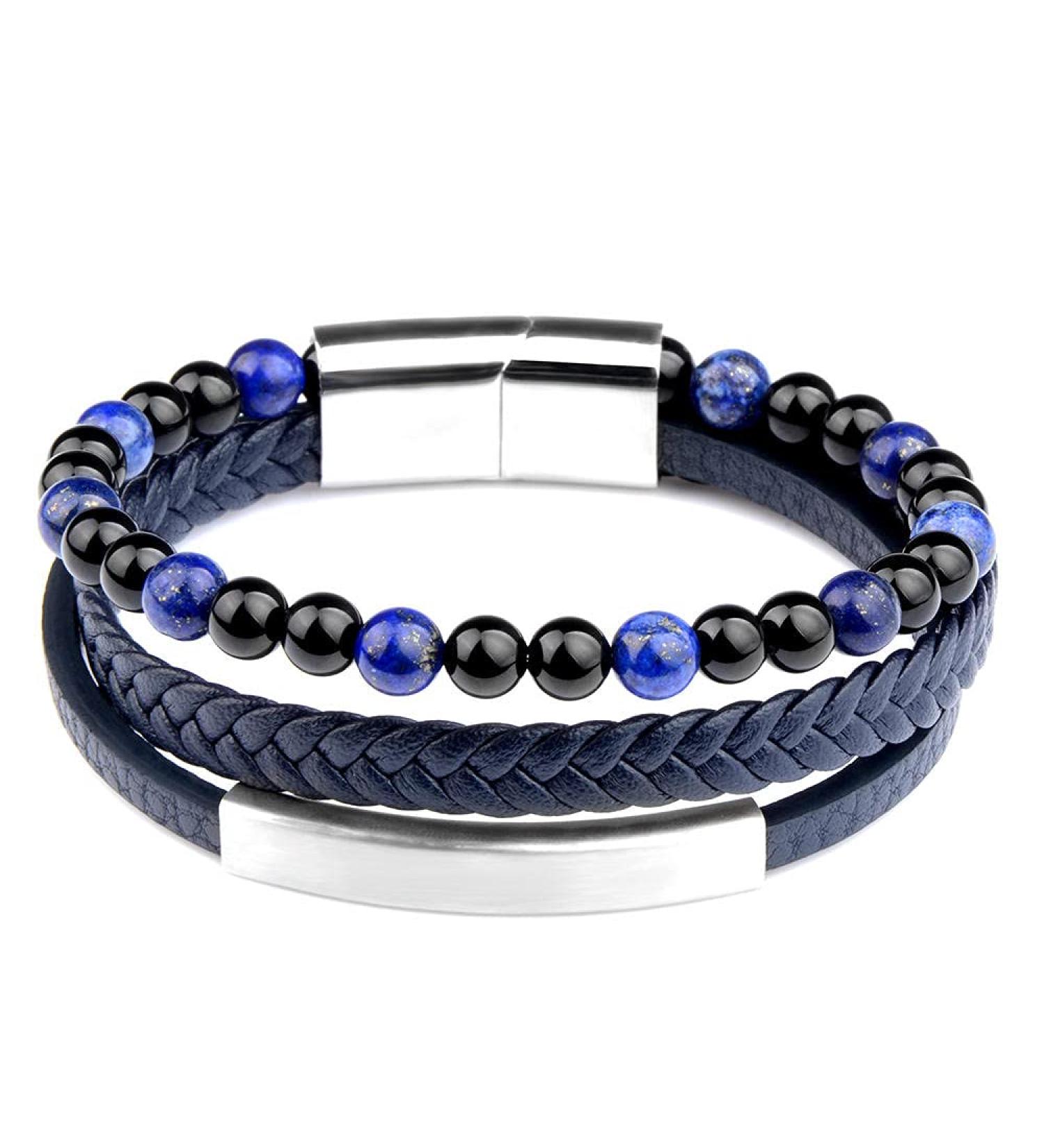 Multi-Layer Wrapped Men'S Bracelet Natural Stone Bracelet Leather Woven Bracelet Black Magnetic Buckle Multilayer Bracelet For Men - Buy Online on GoSupps.com