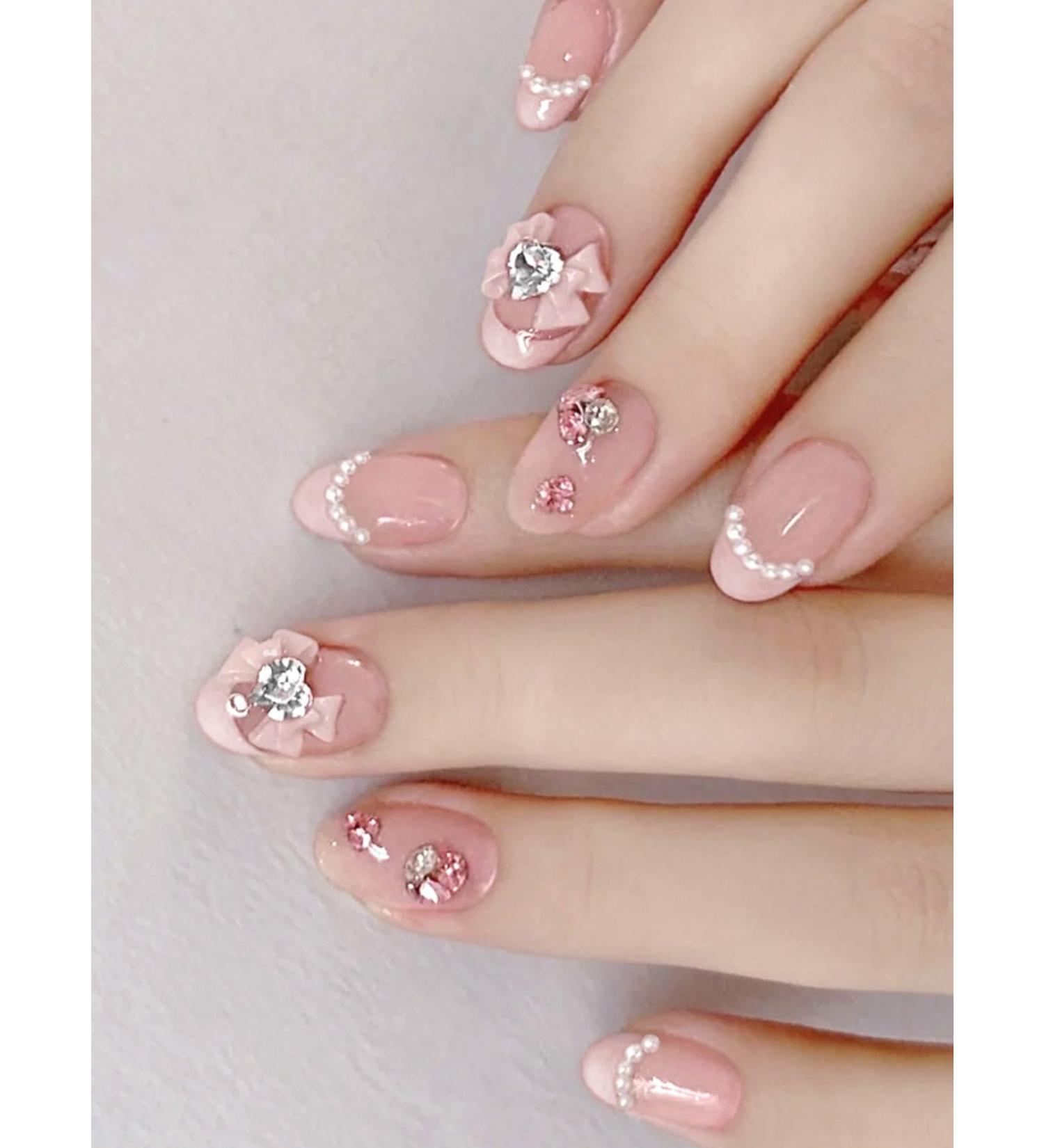 24pcs Pink Bow Oval Coffin Fake Nail Pink Bow 3D Press on Nails Pink Bow Oval Nails Luxurious Nails Acrylic Nails Fake Nails For Women Girls - Buy Online on GoSupps.com