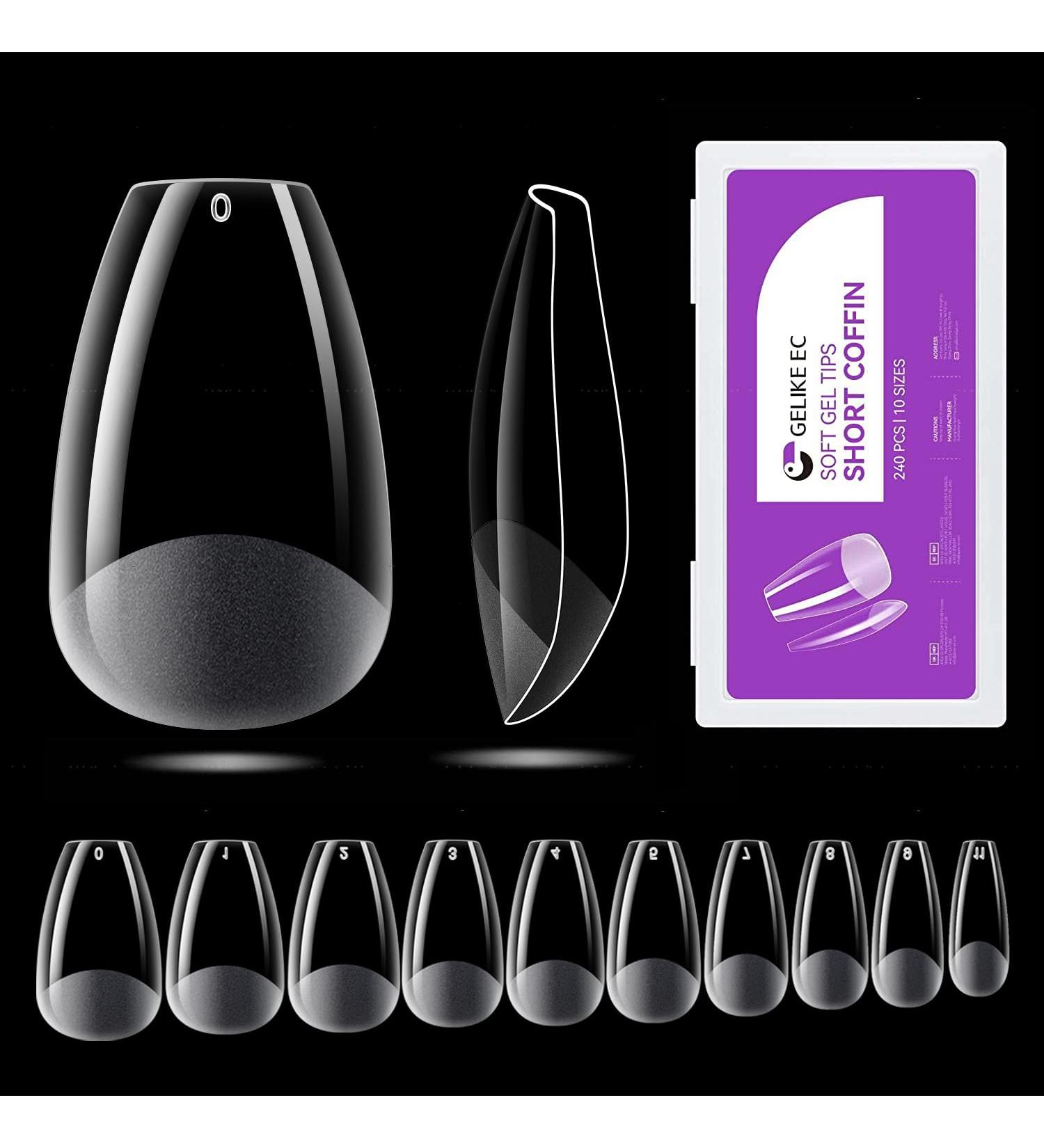 Gelike EC Short Coffin Nail Tips - 240PCS | Soft Gel Full Cover Nail Extensions | Pre Etched Clear False Nails | Press On Nails | 10 Sizes - PMMA Resin - Buy Online on GoSupps.com
