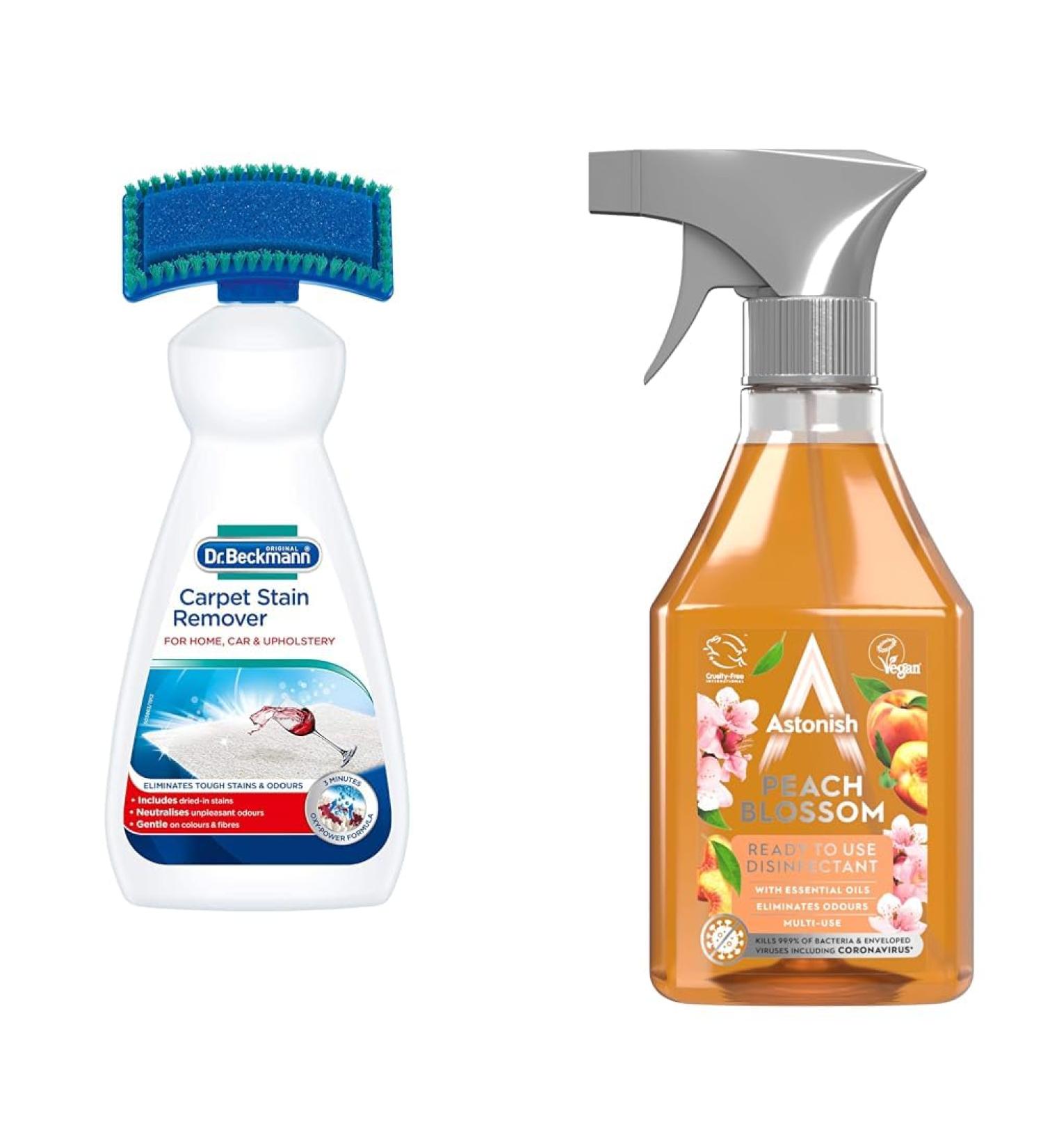 Dr. Beckmann Carpet Stain Remover | Removes New and Dried-in Stains | Includes Applicator Brush 650 ml & Astonish Peach Blossom Ready to Use Disinfectant Spray 550ml - Buy Online on GoSupps.com