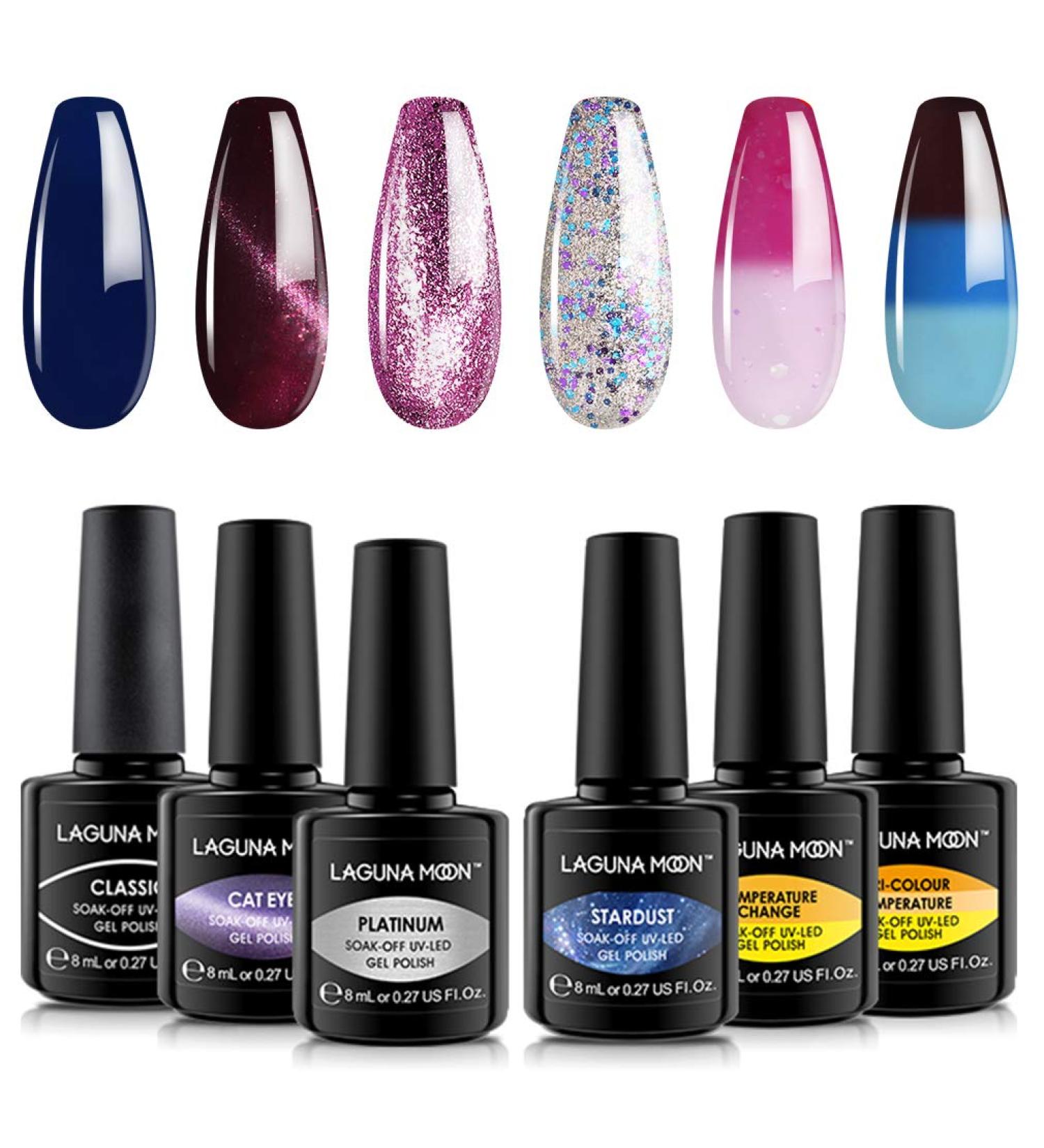 Lagunamoon Gel Nail Polish Set - Color Changing Glitter Cat Eye Platinum Assorted | Salon-Grade Soak Off UV LED Lacquers for Manicure Pedicure Nail Art Kit - Buy Online on GoSupps.com