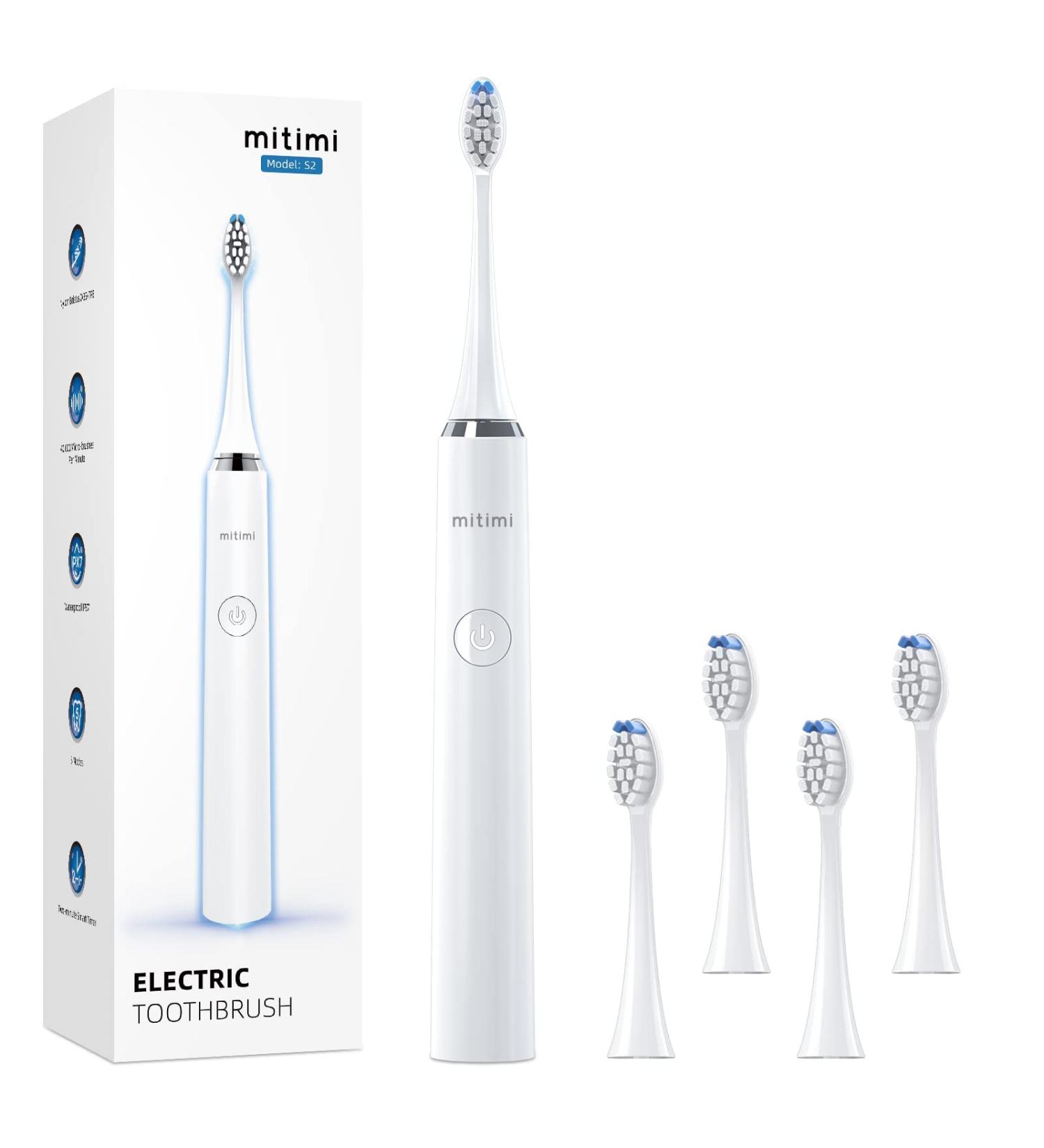 Mitimi Rechargeable Electric Toothbrush with 40000VPM | 5 Modes, Smart Timer, IPX7 Waterproof | Includes 5 Brush Heads | Sonic Toothbrush for Adults - White - Buy Online on GoSupps.com
