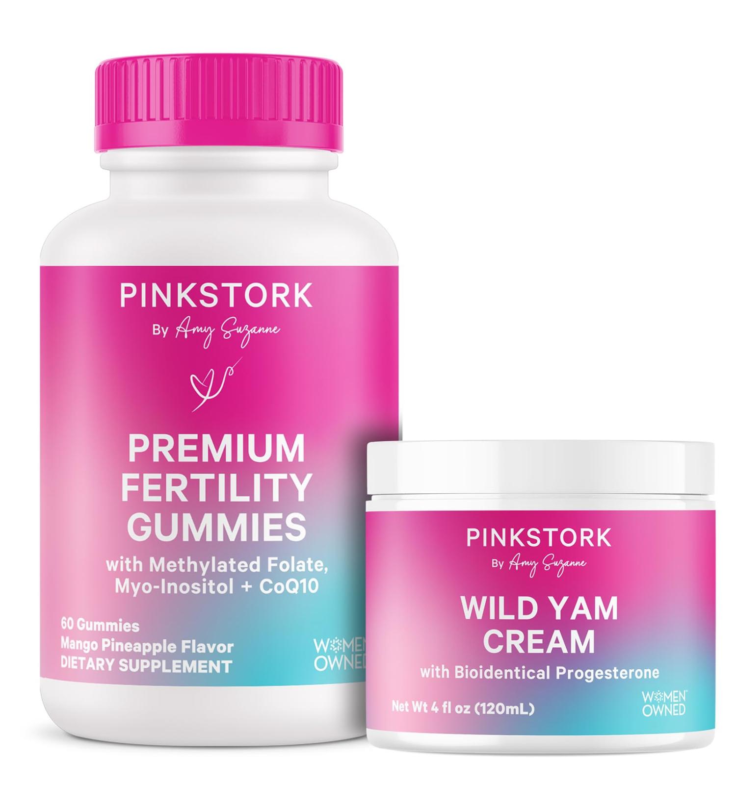 Pink Stork Fertility Gummies + Wild Yam Cream for Women: Folate Myo-Inositol Vitamin Gummies + Hormonal Balance Cream for Menstrual Cycle Reproductive Health and Conception Support - Buy Online on GoSupps.com
