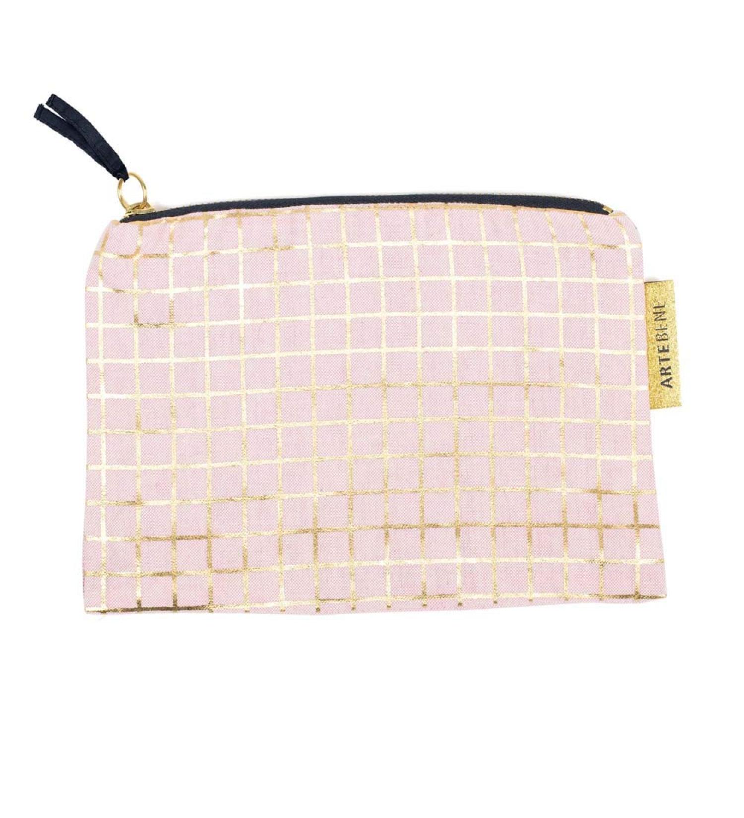 Artebene cosmetic bag squares pink gold made of cotton 22x15 cm
