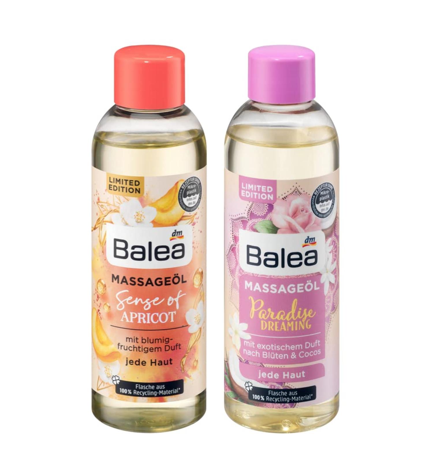 Balea 2 Set Massage Oil - Sense of Apricot & Paradise Dreaming | Fruity & Exotic Fragrance | Almond & Grape Seed Oil | 200 ml - Buy Online on GoSupps.com