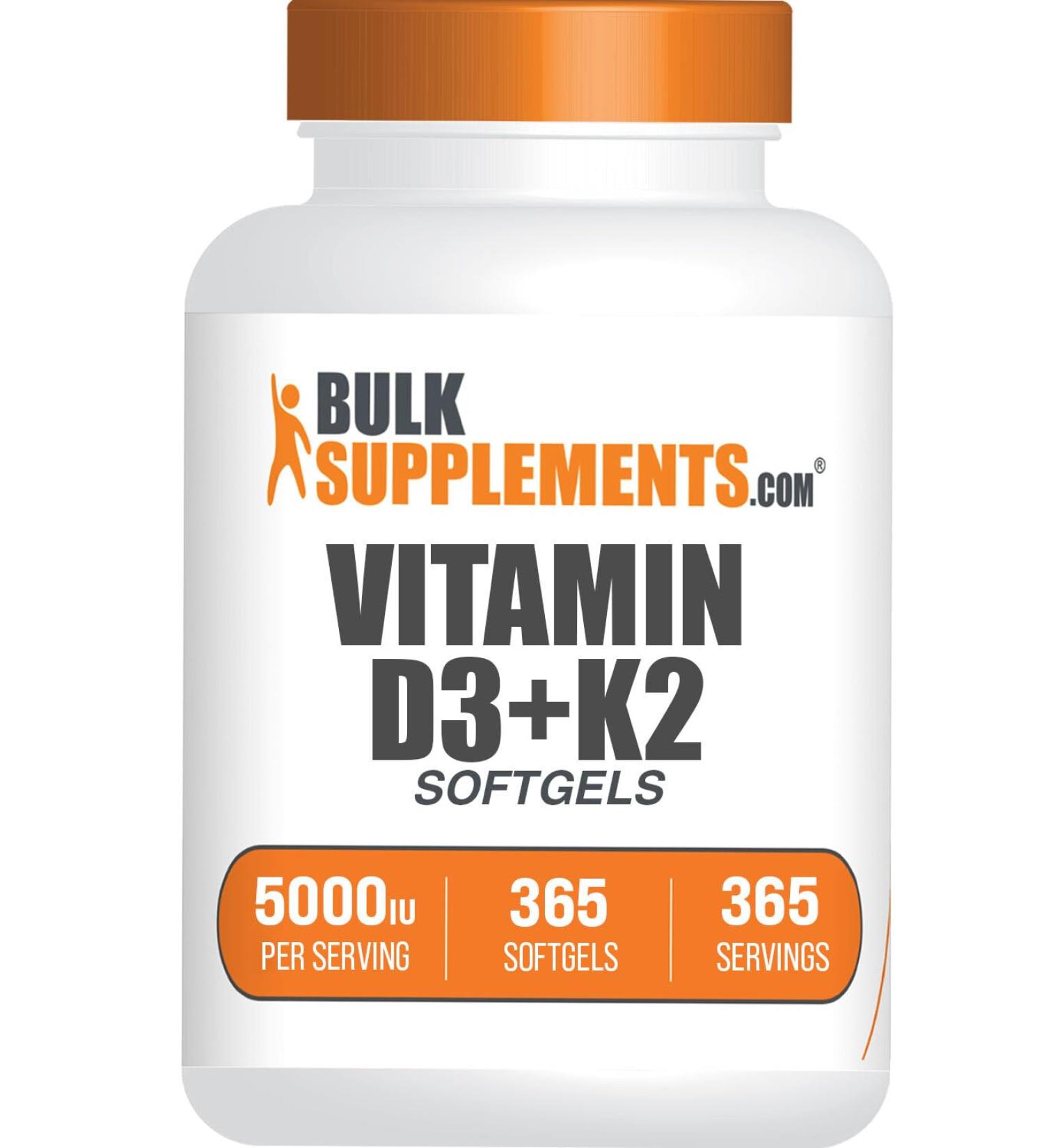 BulkSupplements.com Vitamin D3 + K2 5000 IU Softgels - D3 K2 Supplement for Immune Health - Gluten Free 1 Softgel per Serving 365 Count (Pack of 1) - Buy Online on GoSupps.com