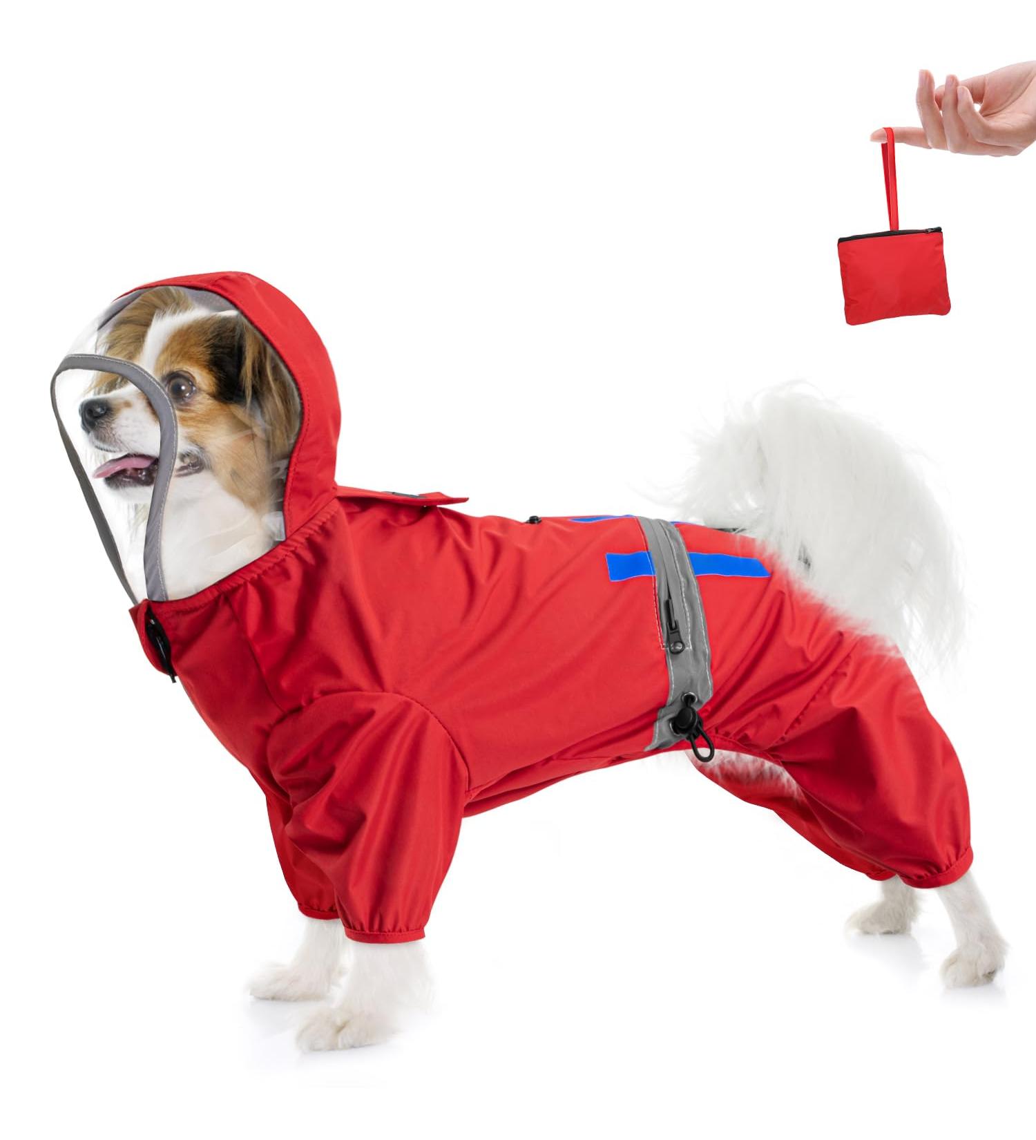 Waterproof Dog Raincoat with Hood & Reflective Strap for Small Medium Dogs - S Red Small - Buy Online on GoSupps.com