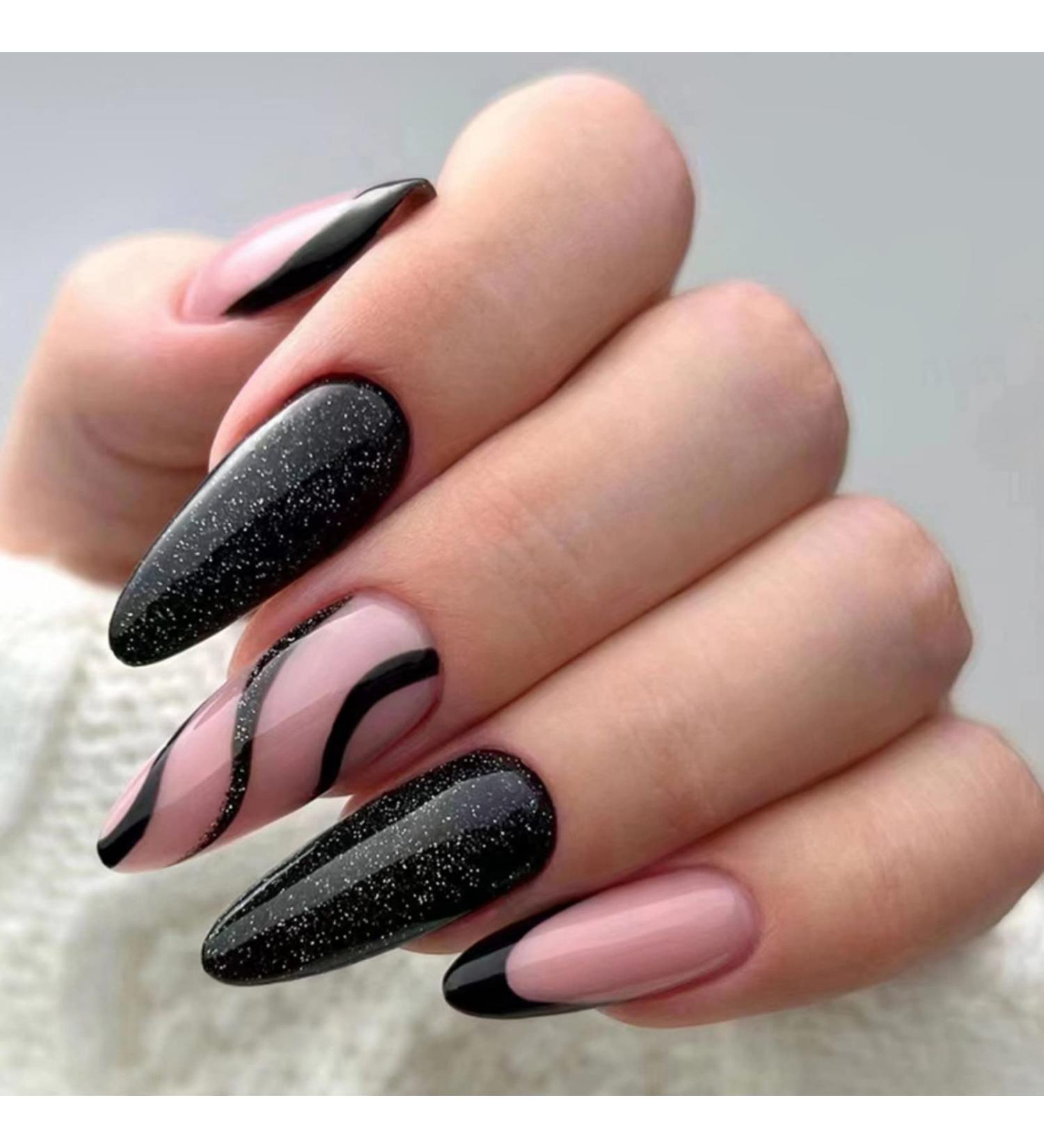 Justotry 24-Piece Stiletto Nails Set Glitter Black French Press-On Nails & Pink Almond Art Artificial Short Fingernails for Women - Buy Online on GoSupps.com