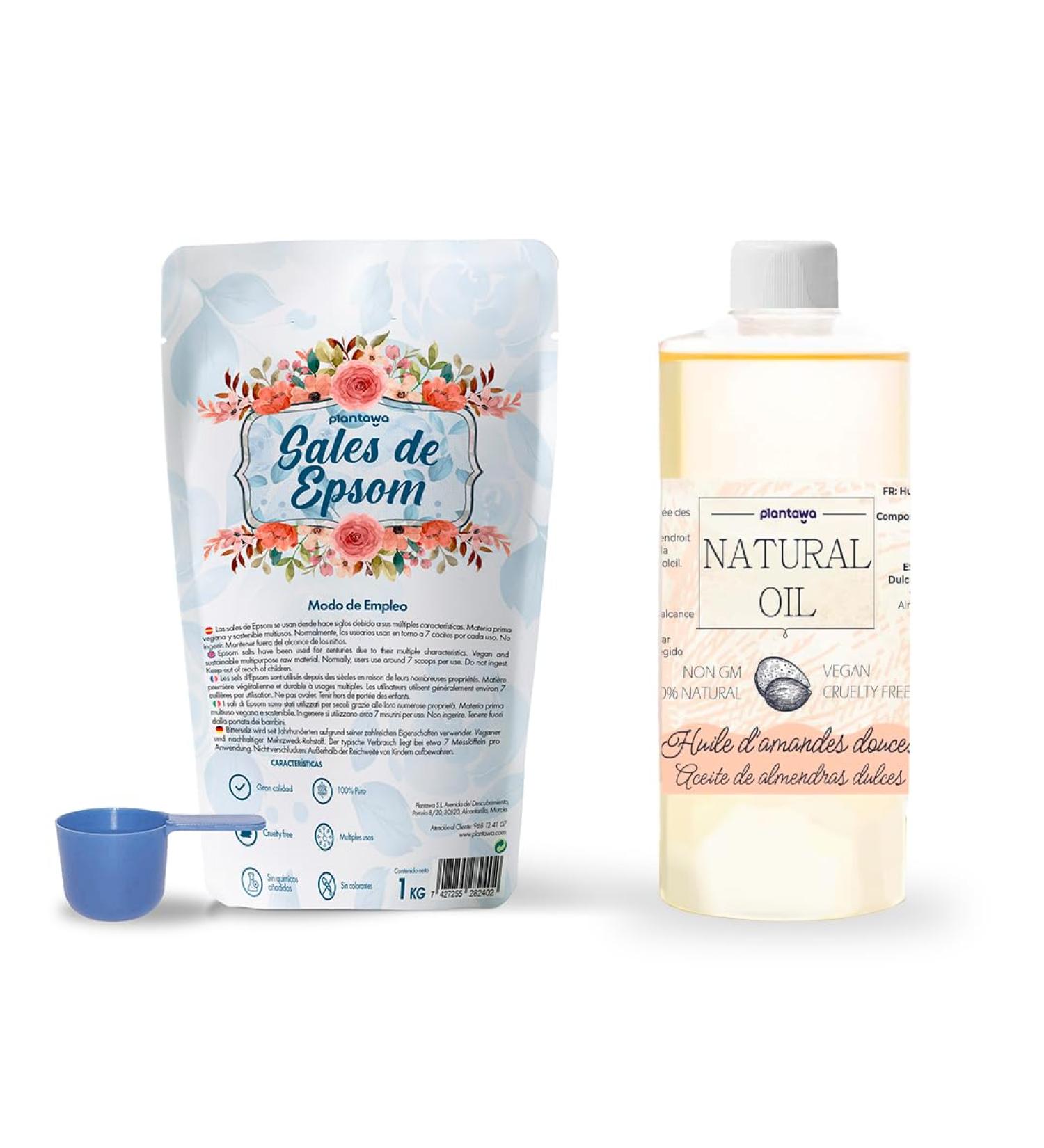 PLANTAWA Epsom Salts Pack 1kg + Sweet Almond Oil 500ml | Sleep Improvement & Muscle Relaxation Deep Hydration Skin & Hair Nutrition 100% Natural - Buy Online on GoSupps.com