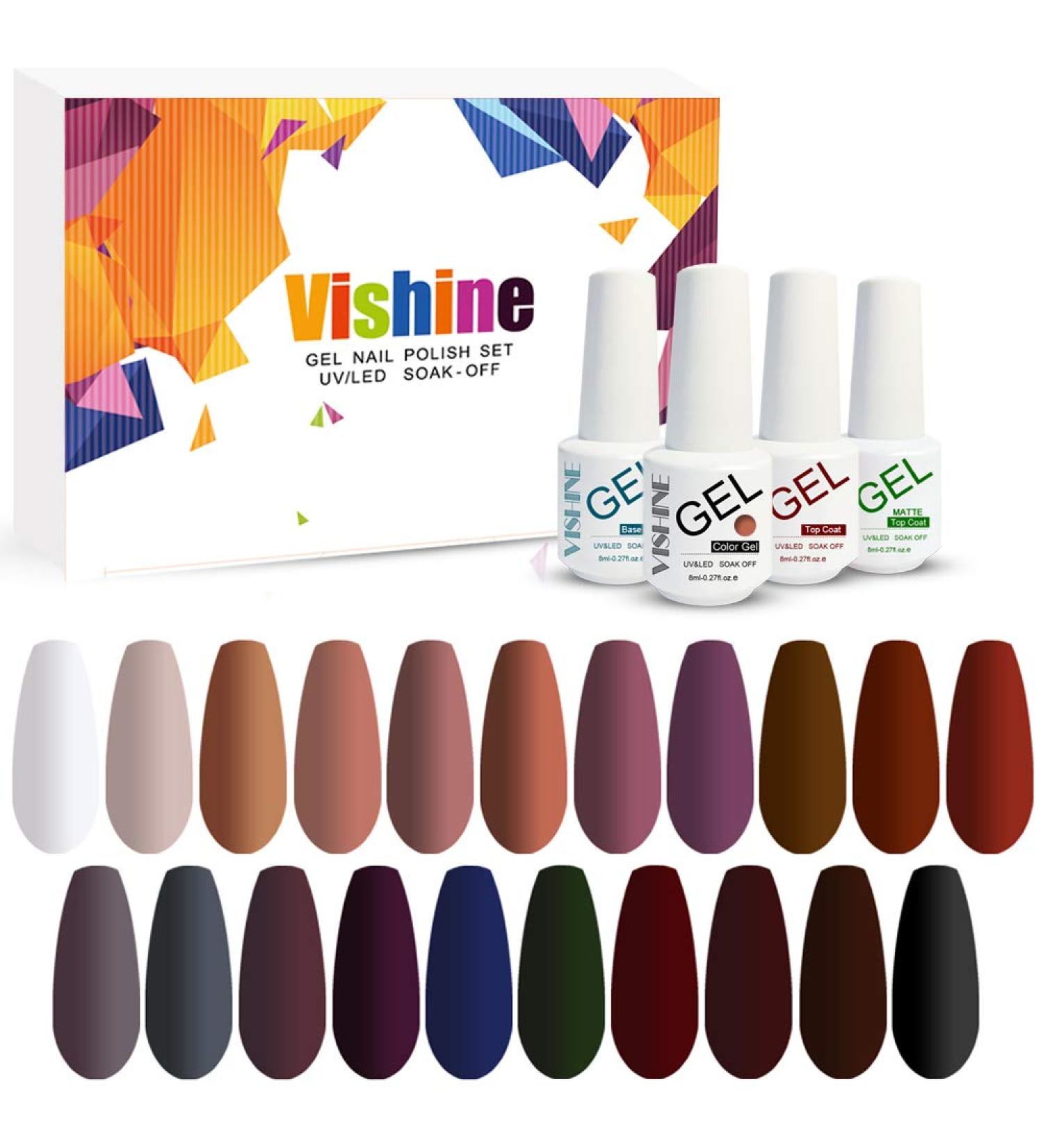 Vishine Gel Nail Polish Set - 21 Colors + Base Top Coats & Matte Top Coat Soak Off Blue Nude Grays Purple Glitter Color Long Lasting LED UV Gel Polish Kit C014 - Buy Online on GoSupps.com