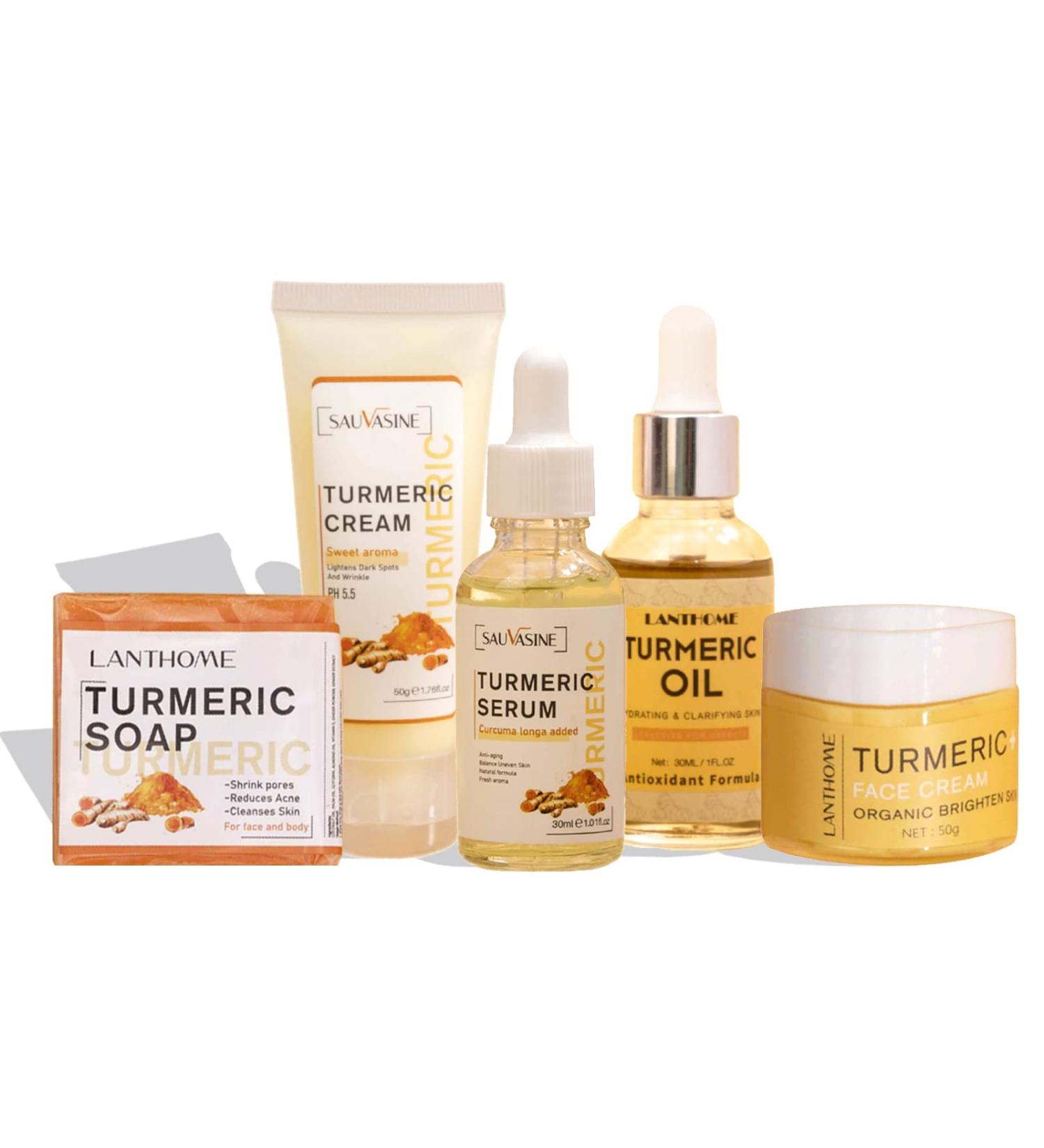 Turmeric Skin Care Kit - 5PCS Moisturizing Set for Brightening Face | Turmeric Cream Oil Serum and Soap - Buy Online on GoSupps.com