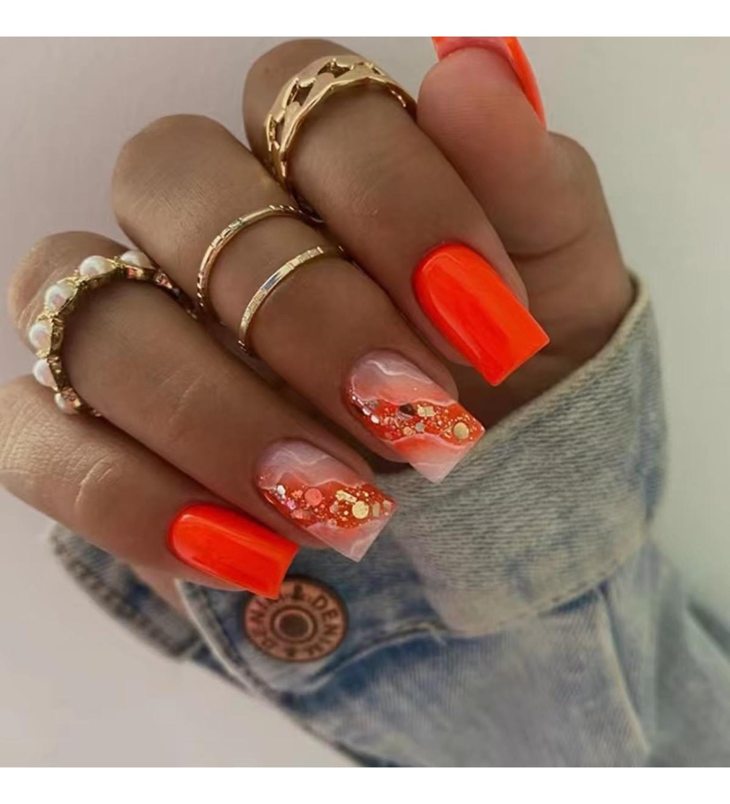 Shop 24Pcs Orange Press on Nails - Medium Square Glossy Marble Texture with Glitter Gold Foil Design | Full Cover Acrylic Stick on Nails for Women & Girls - International Shipping Available - Buy Online on GoSupps.com
