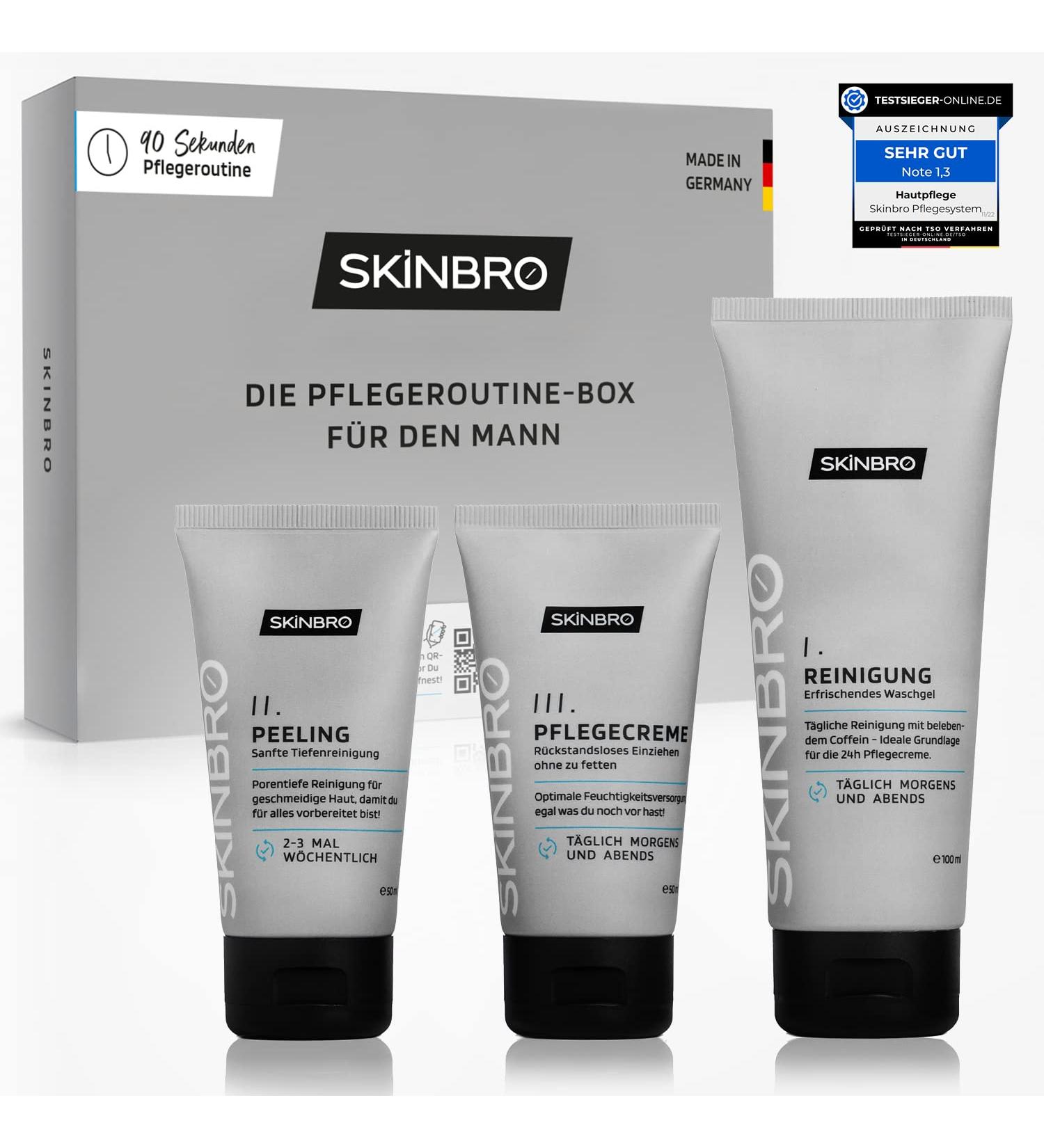 Skinbro Facial Care Set for Men | Made in Germany | 3-Piece Skincare Kit - Cleanser Peeling Caffeine Moisturizer | Perfect Gift for Men | Vegan & Effective - Buy Online on GoSupps.com