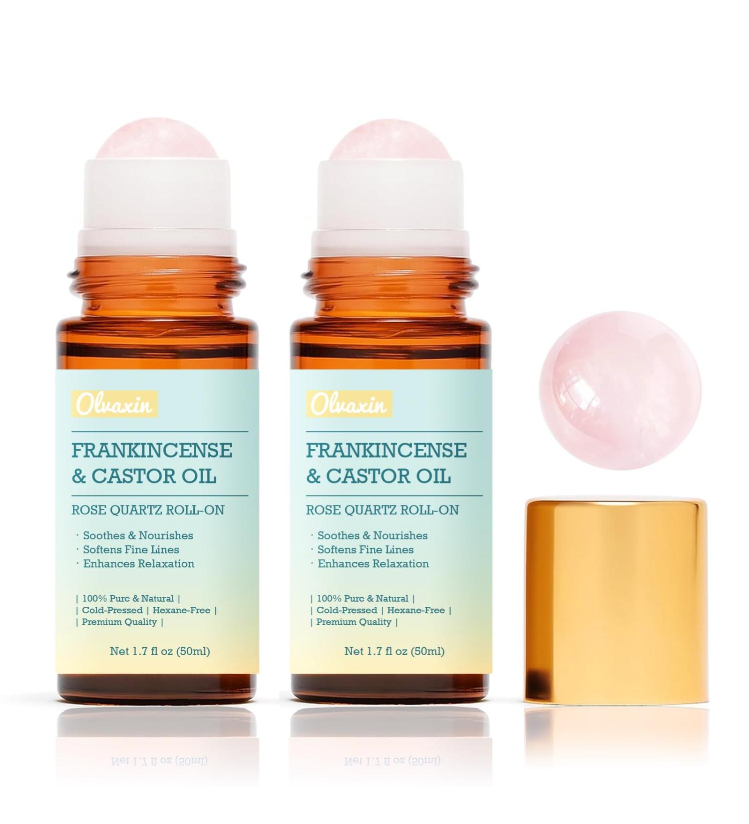Frankincense and Castor Oil Roll-On with Rose Quartz - 2 Pack x 1.7 fl oz | 100% Pure Cold-Pressed Organic Functional Oil for Face Hair & Body Care | Softens Fine Lines & Supports Inner Balance - Buy Online on GoSupps.com