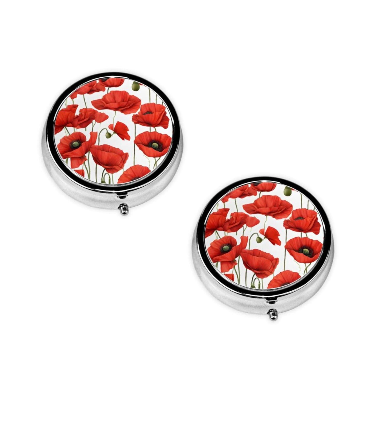 Buy Red Poppy Flower Round Pill Box - 3 Compartment Mini Travel Organizer for Vitamins & Medicines - Buy Online on GoSupps.com