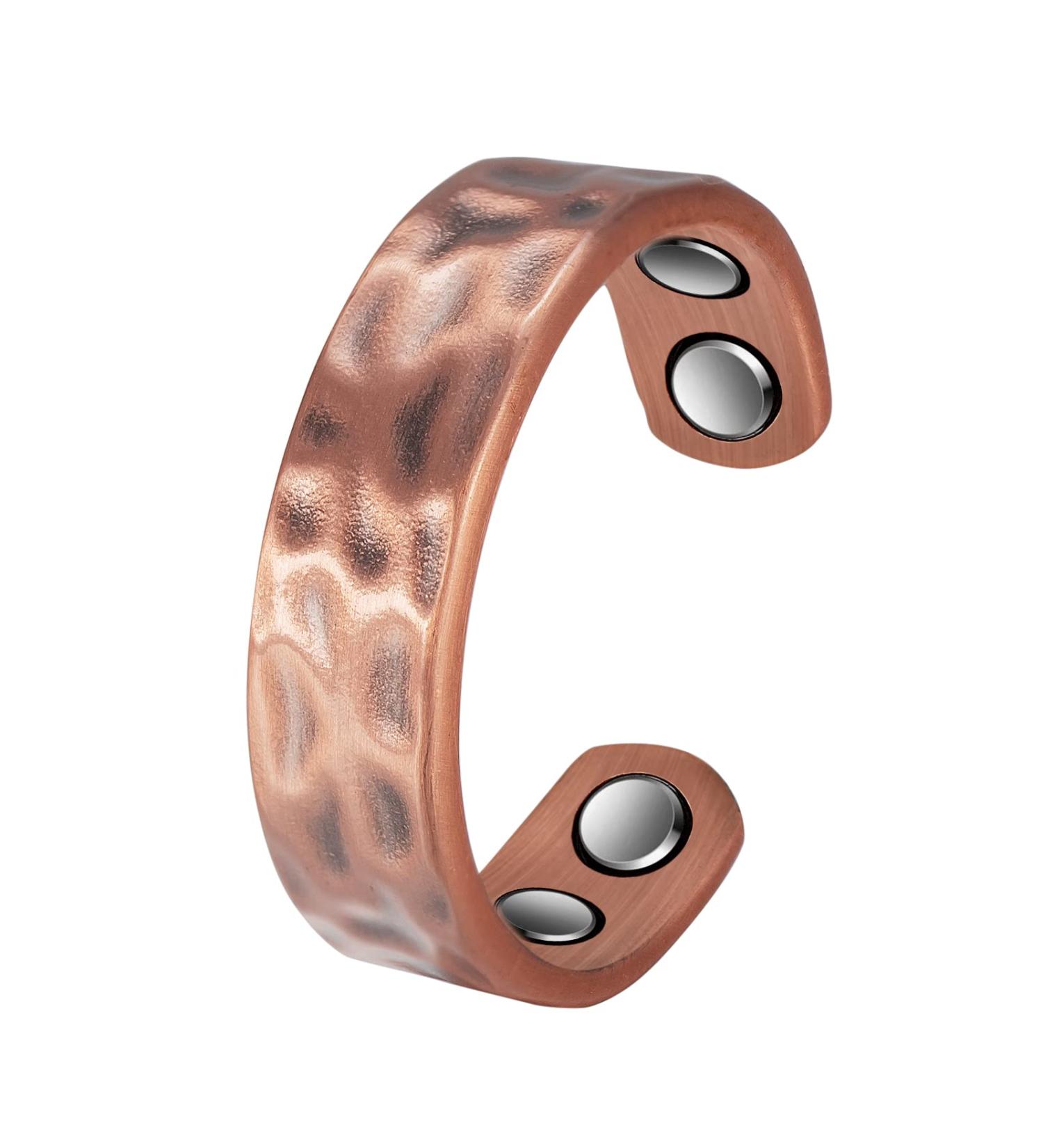 Handcrafted Hammered Design Copper Ring for Men & Women | Adjustable Vintage Pure Copper Magnetic Health Energy Wedding Band | Open Cuff Finger Ring - Buy Online on GoSupps.com