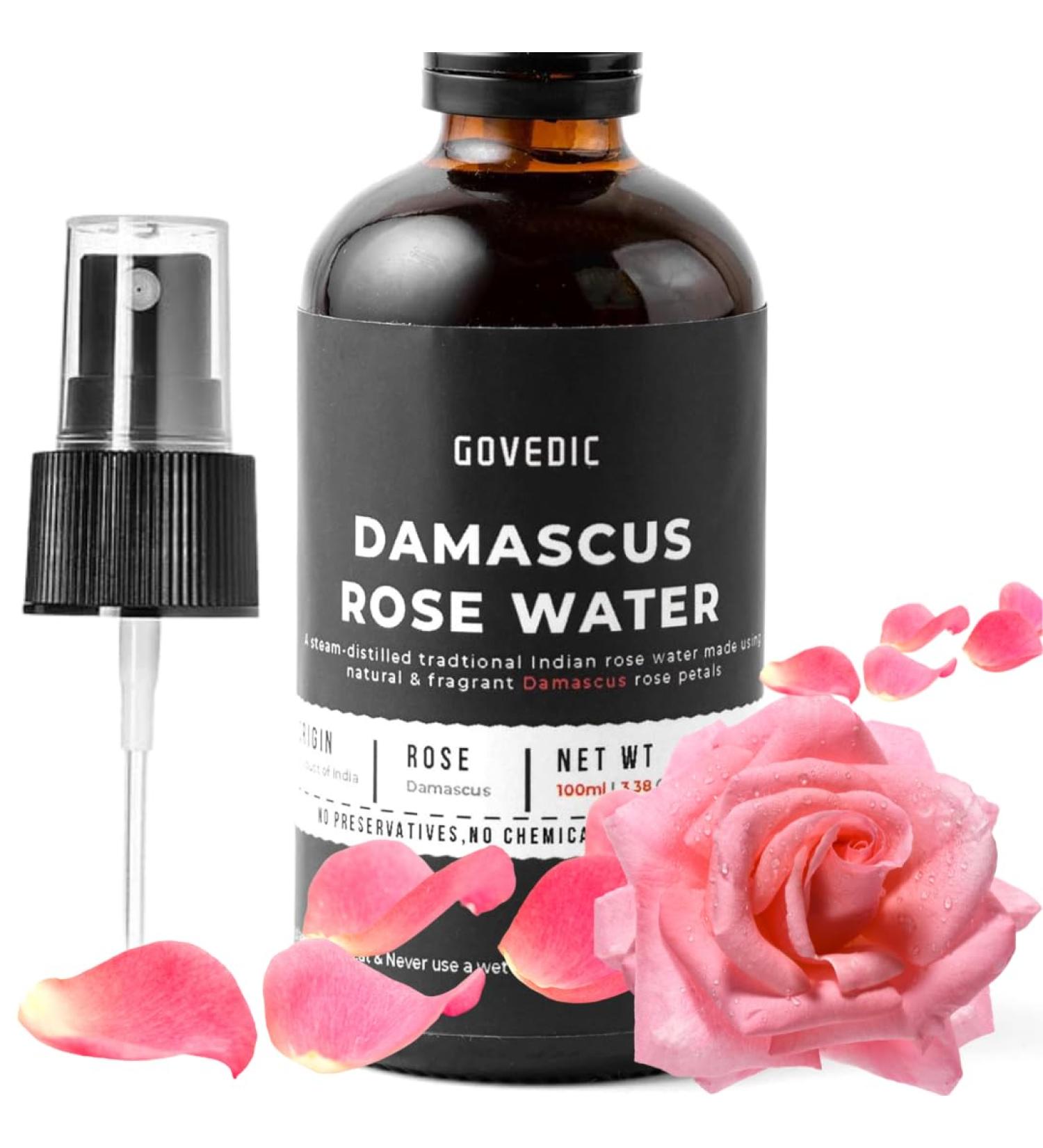 Govedic Rose Water Spray - All-Natural Facial Mist with Damask Rose Petals | Alcohol & Dye-Free | 100ml | Suitable for All Skin & Hair Types - Buy Online on GoSupps.com