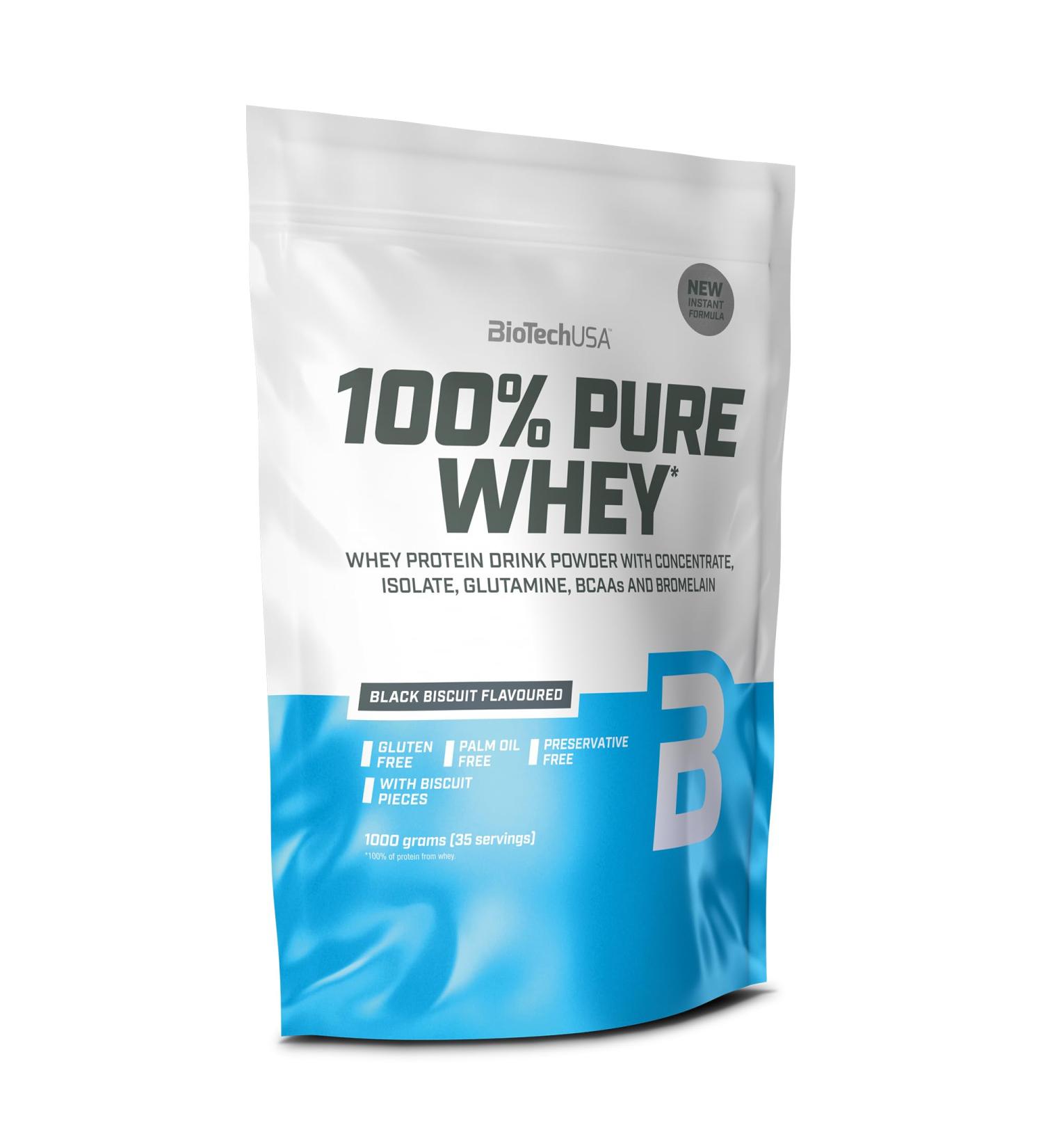 Buy Biotechusa 100% Pure Whey Protein Powder - 21g Protein BCAA & Glutamine | Gluten-Free Palm Oil-Free | 1kg Black Biscuit - International Shipping Available - Buy Online on GoSupps.com