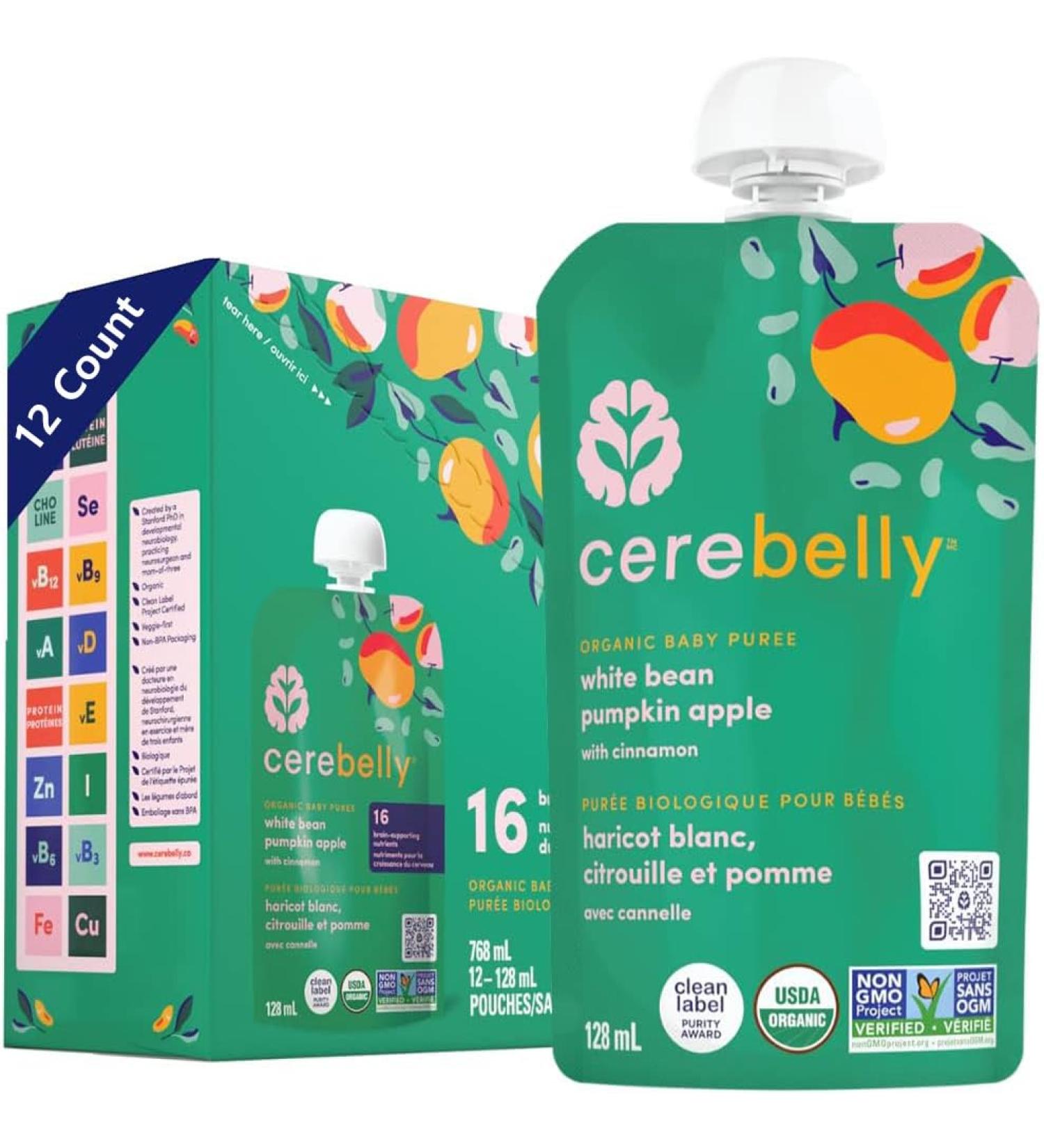 Cerebelly Organic White Bean Pumpkin Apple Baby Food Veggie Puree 12-Pack Carton/Pur e Pour b b s haricots Blancs citrouille et pomme emballage de 12