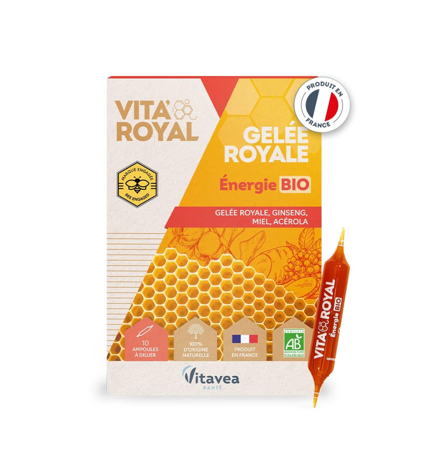Vitavea - Vita'Royal BIO Energy - Fatigue reduction Natural defenses Natural Benefits of the Hive - Royal Jelly Ginseng Honey Acerola - 10 ampoules - Made in France - Buy Online on GoSupps.com
