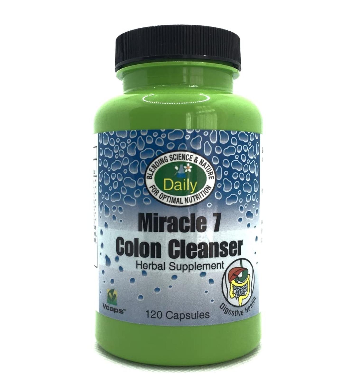 Daily Manufacturing Miracle 7 Colon Cleanser (Wheat Grass Acidophilus Apple Fiber Gentian Goldenseal Root Buckthorn Rhubarb Cascara Sagrada Whole Leaf Aloe Vera & Cinnamon) 120 Capsules