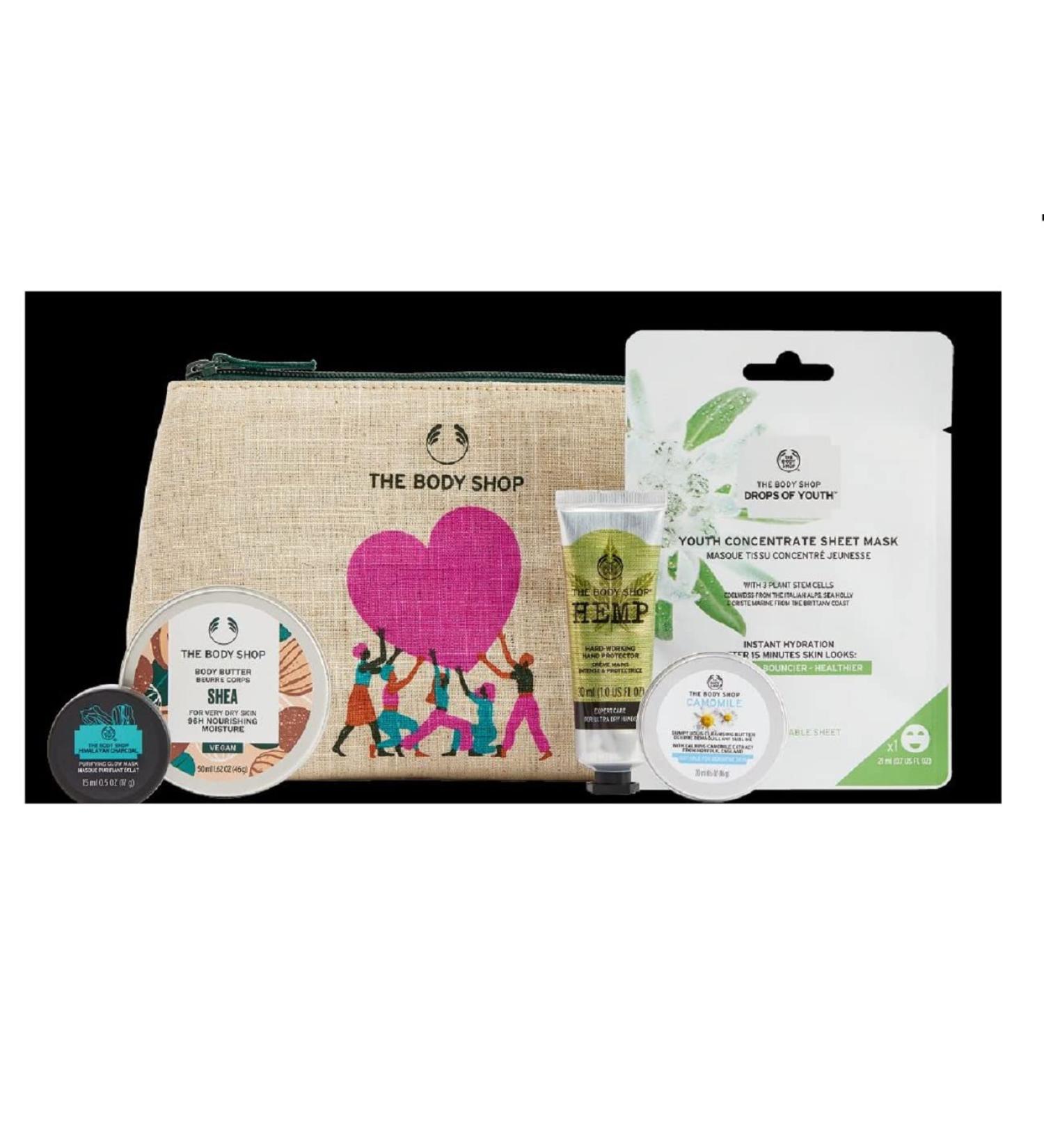 The Body Shop Best 6 PC Mini Set shea Butter camomile youth sheet mask hemp hand charcoal TRAVEL Bag