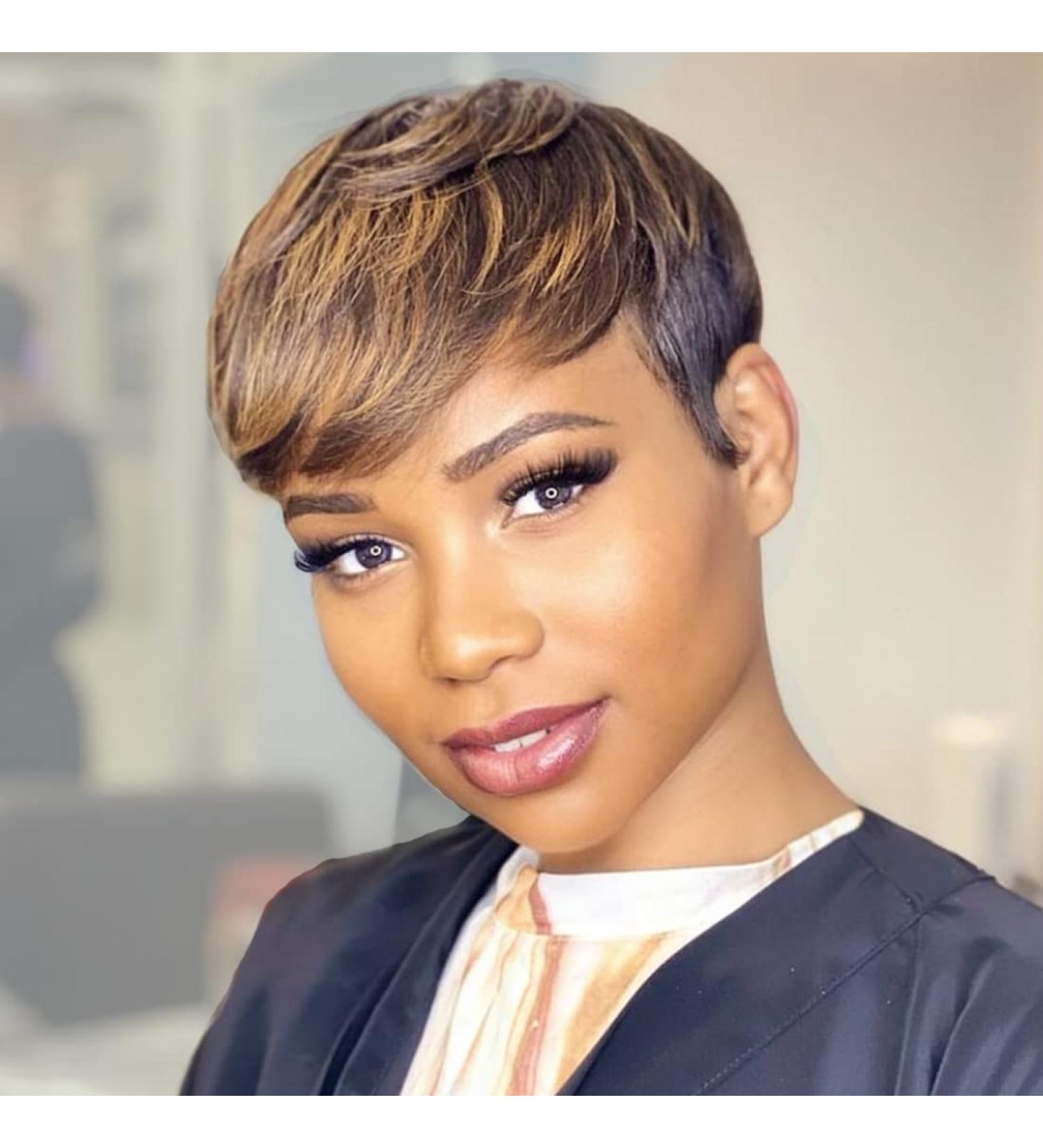 ZHENLISI Short Pixie Cut Ombre Brown to Golden Brazilian Human Hair Wig for Black Women - Fluffy Natural Daily Wig - Buy Online on GoSupps.com