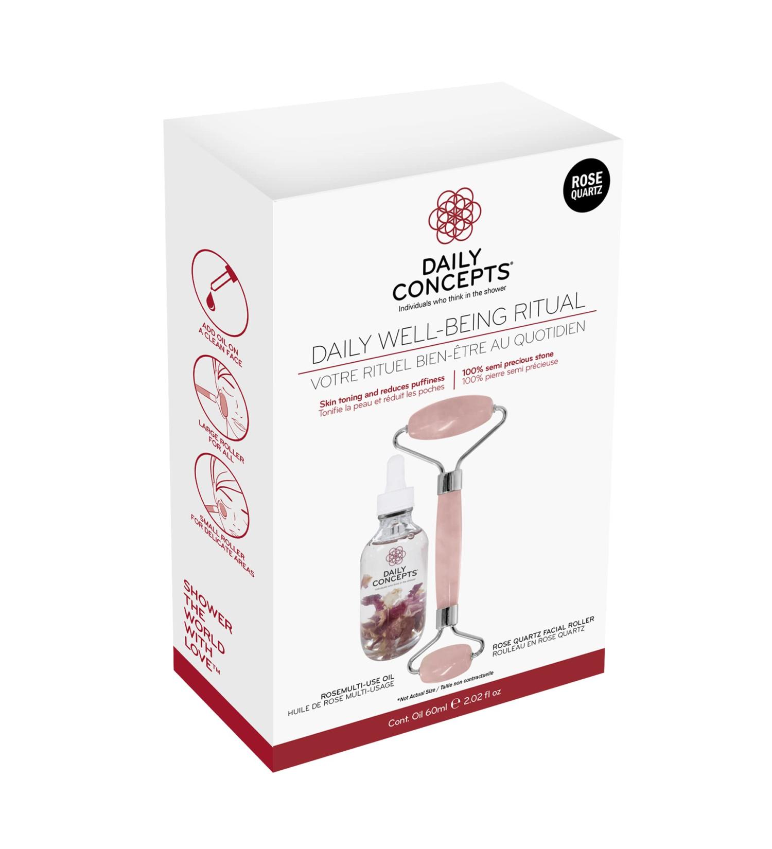 Daily Concepts Gift Set: Quartz Facial Roller & Rose Oil - Lymphatic Drainage Circulation Boost Puffiness Reduction - Buy Online on GoSupps.com