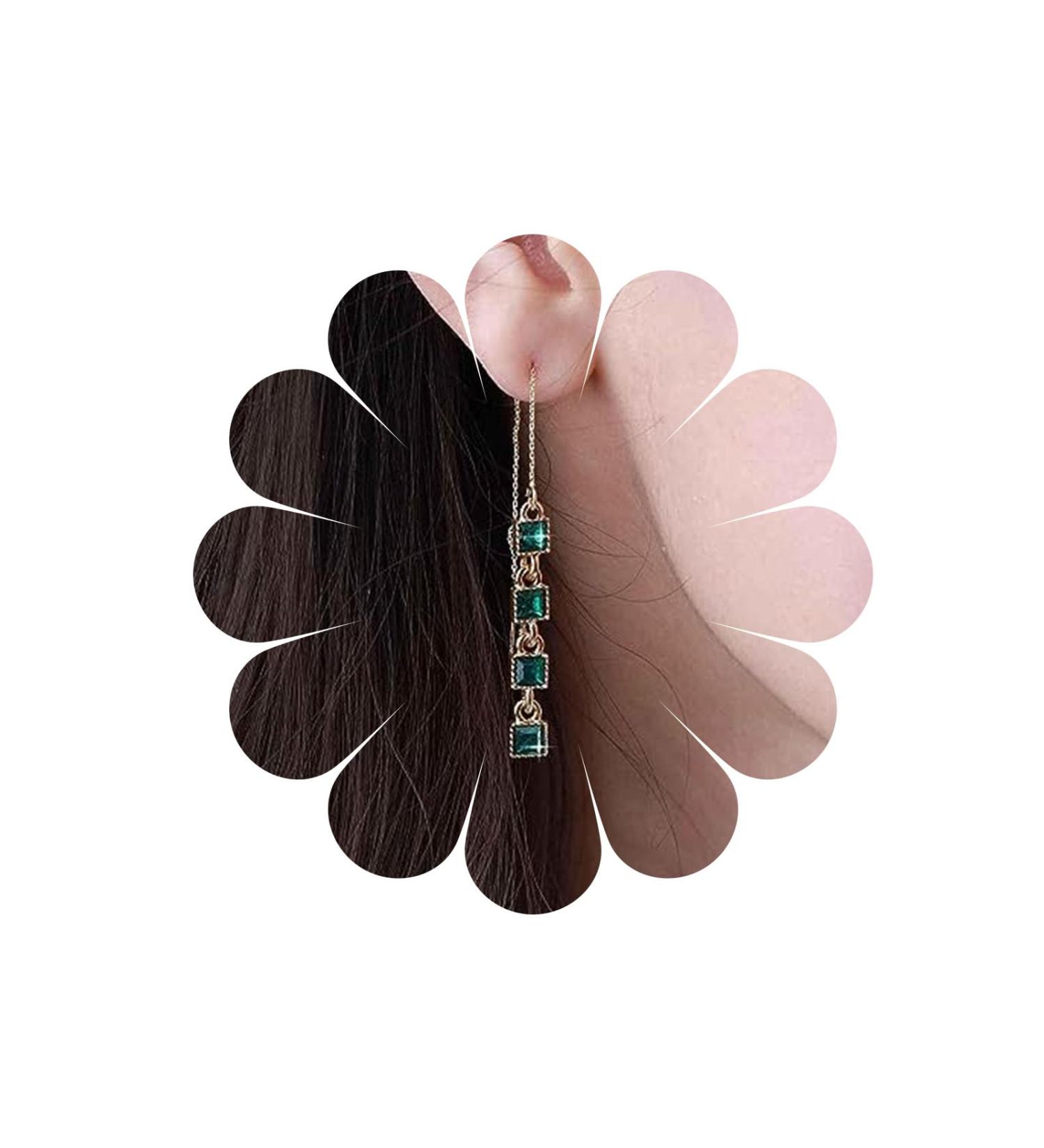 Vintage Crystal Emerald Threader Earrings | Long Tassel Dangle & Square Stud Earrings | Gold Bar Pull Through Jewelry for Women - Buy Online on GoSupps.com