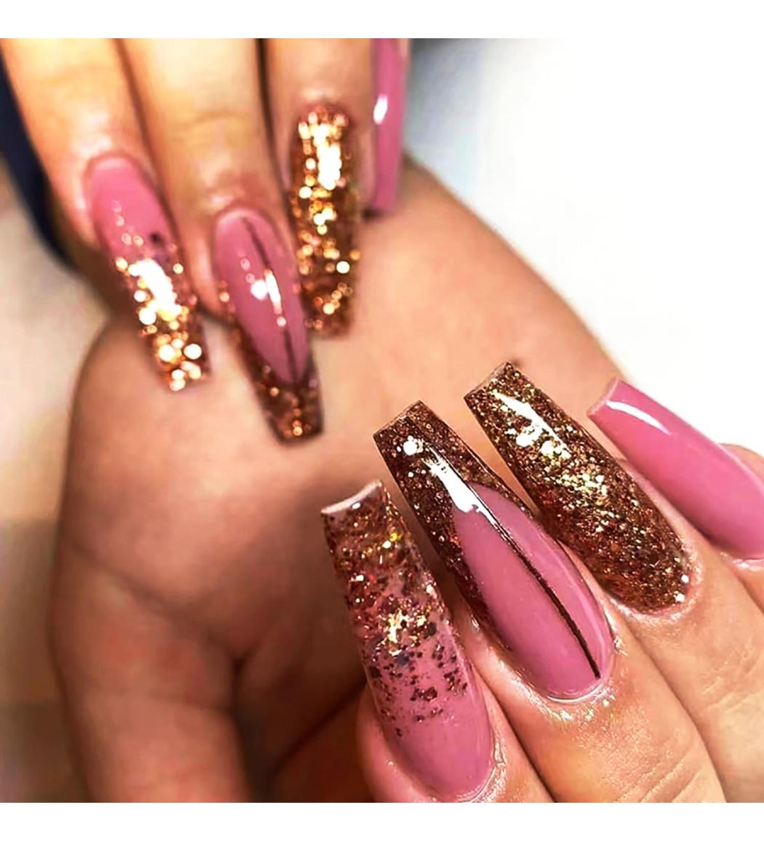 Brishow Long Gold Glitter Press-On Nails - 24 Ballerina Acrylic Pink False Nails for Women & Girls | Premium Quality Artificial Nails - Buy Online on GoSupps.com