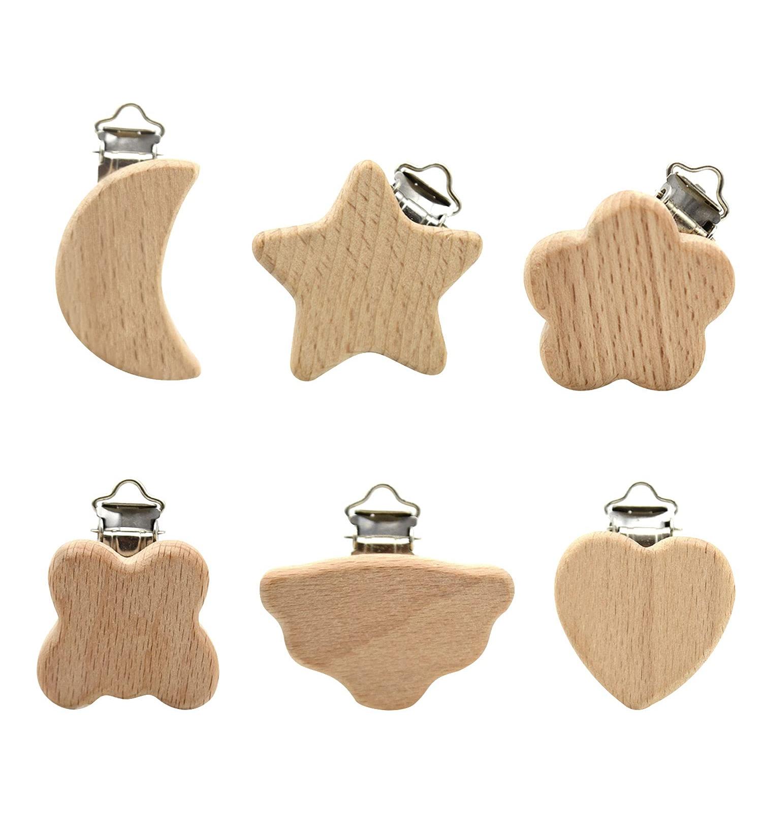 6-Piece Wooden Pacifier Clip Set | Safe Baby Nipple Holders & Nuckel Clips for Children - International Shipping - Buy Online on GoSupps.com