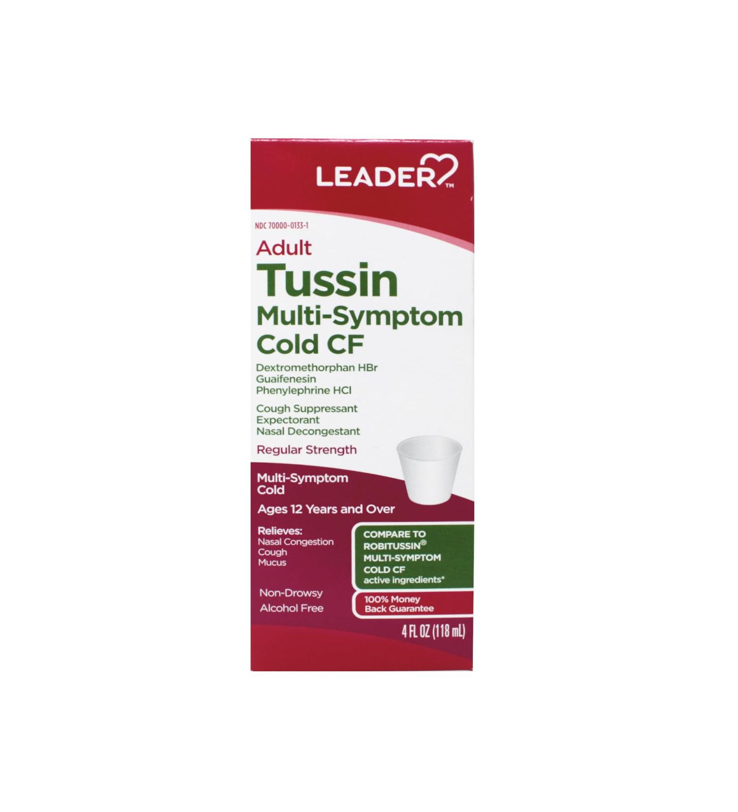 Leader Adult Tussin Multi-Symptom Cold CF Regular Strength Dextromethorphan HBr Relives Nasal Congestion Cough Mucus 4 fl oz (118 ml) Pack of 1 - Buy Online on GoSupps.com