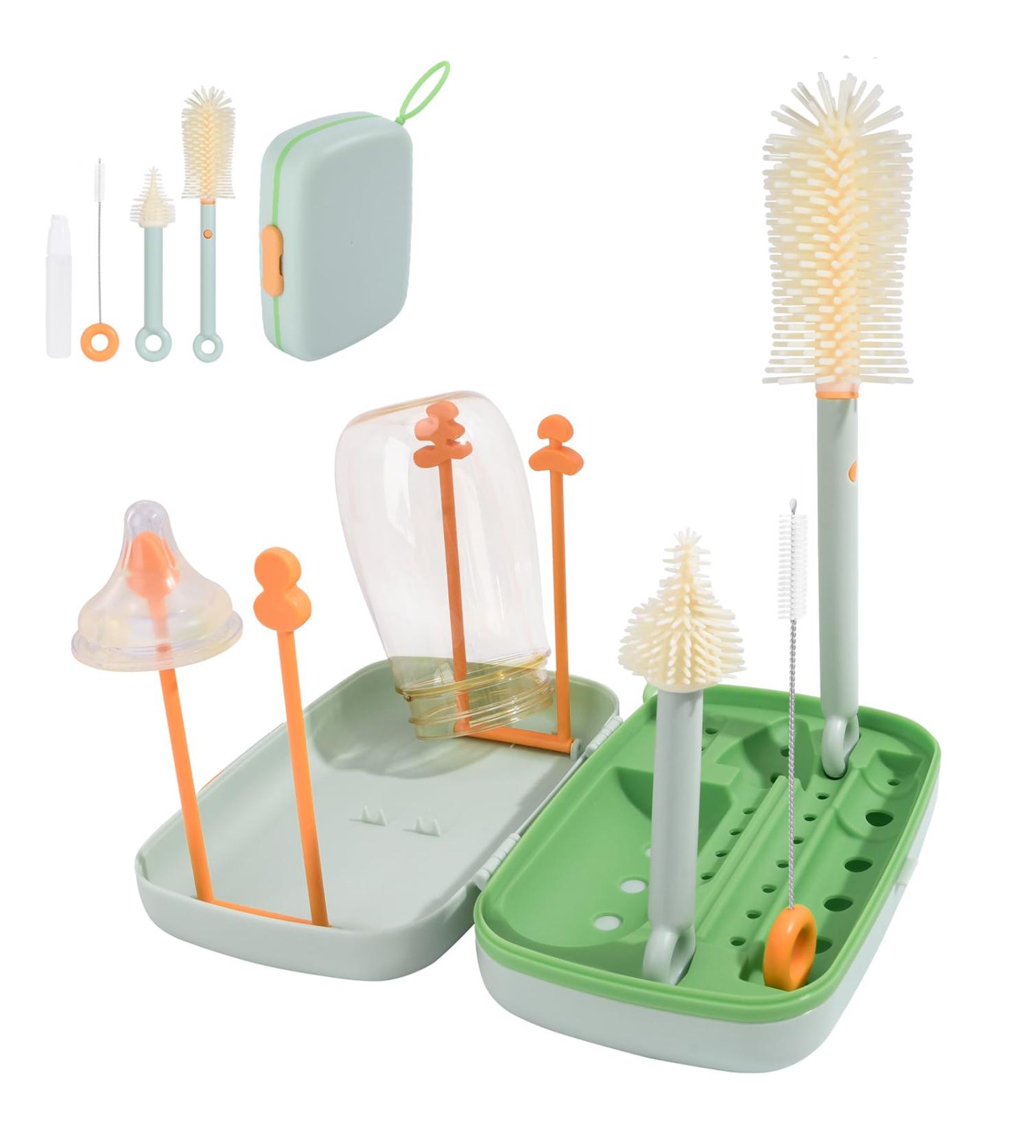 Bebamour Travel Baby Bottle Brush Set - Portable Silicone Brush Nipple Cleaner Straw Brush & Soap Dispenser - Green 02 for International Shipping - Buy Online on GoSupps.com