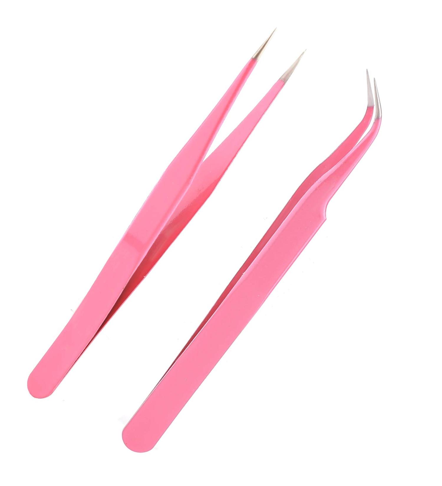 AIEX 2-Pack Eyelash Pliers | Stainless Steel Russian Volume Tongs | Straight & Curved Tips | Pink Eyelash Extension Tools - Buy Online on GoSupps.com