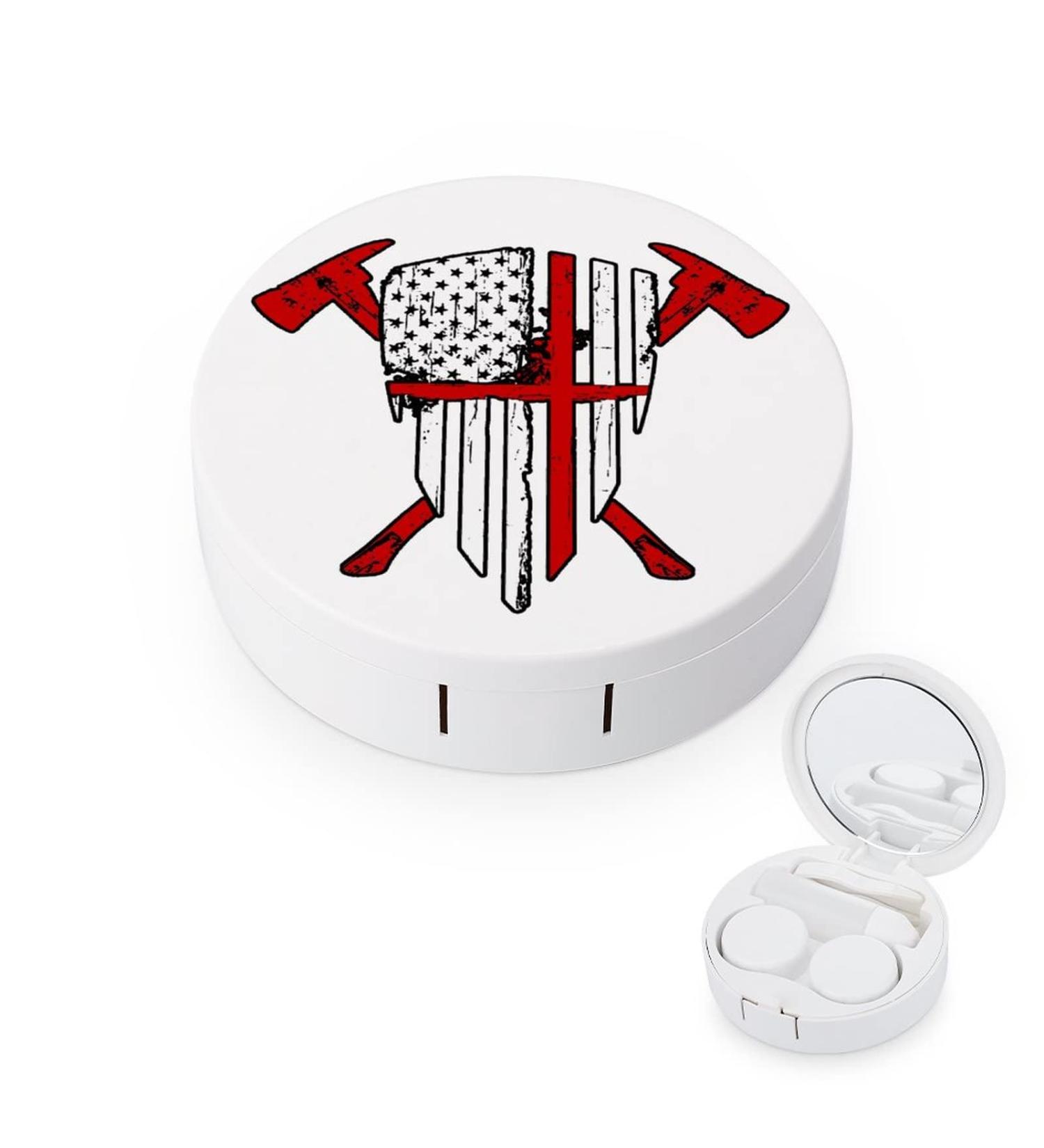 Firefighter Red Line American Flag1 Round Case For Contact Lens Kit Storage Box with Mirror Printed - Buy Online on GoSupps.com