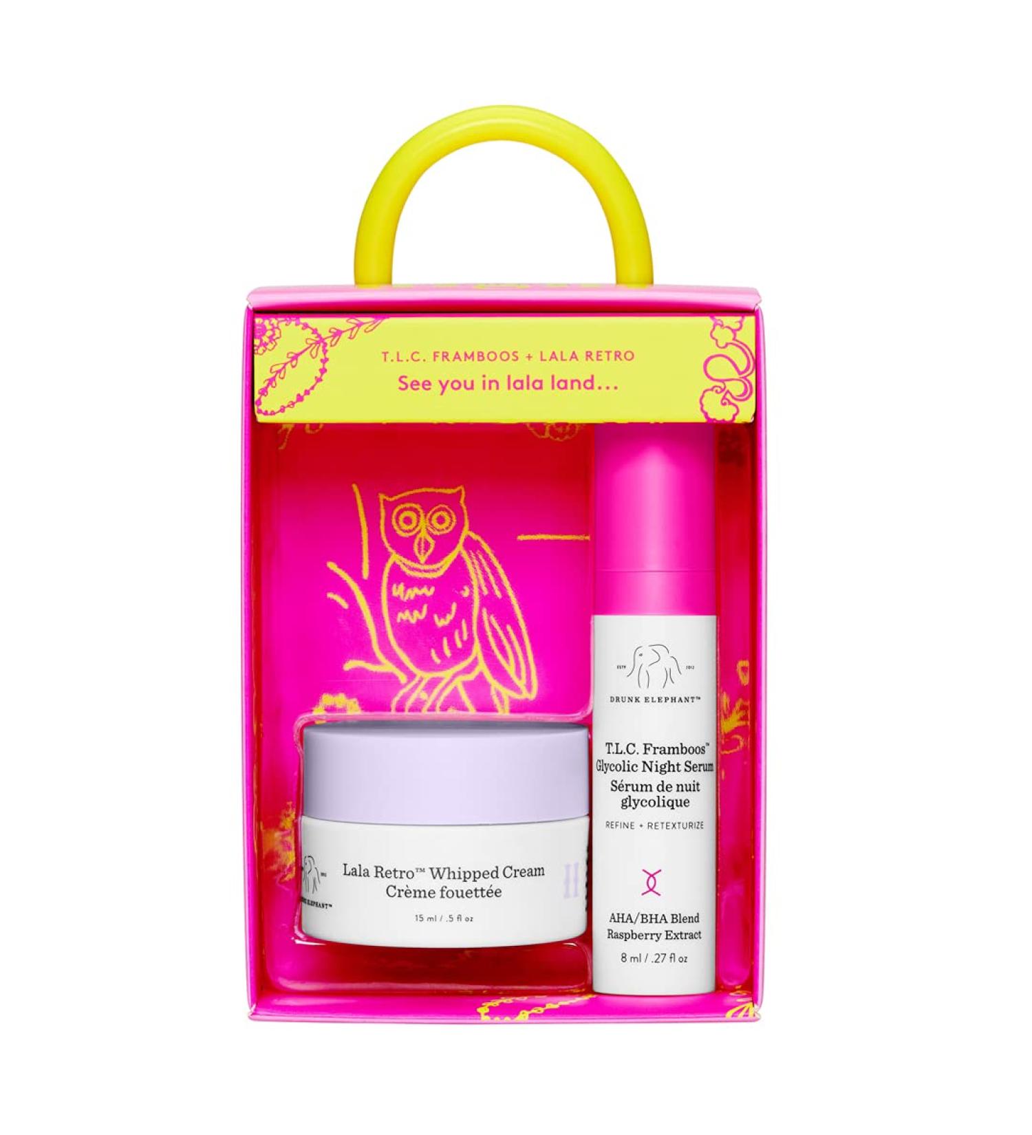 Drunk Elephant Call It A Night Evening Skin Kit - T.L.C. Framboos Glycolic Night Serum & Lala Retro Whipped Cream Set - Buy Online on GoSupps.com