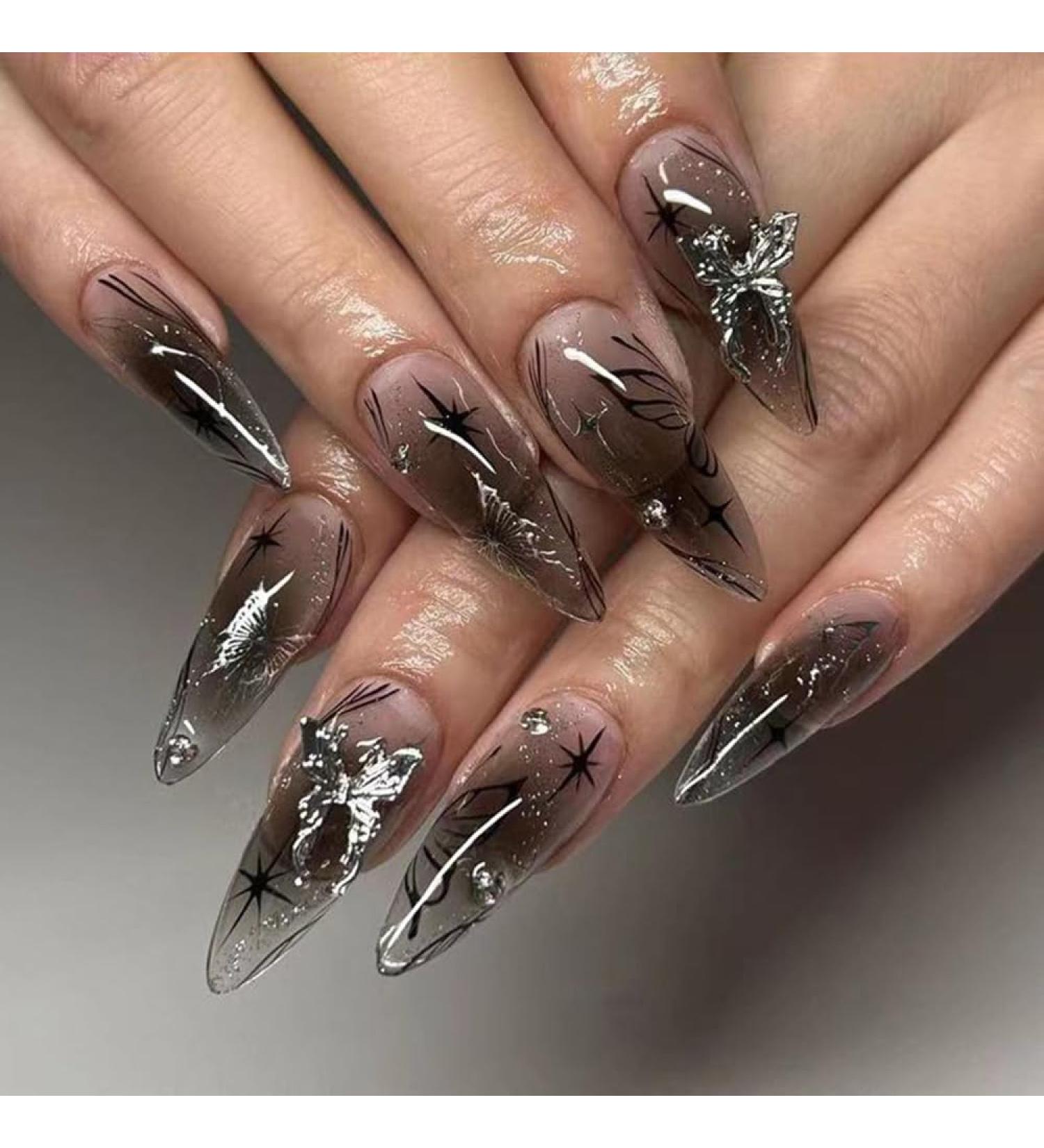 Buy Black Press on Nails - Almond Short Medium Ombre Acrylic Fake Nails with Rhinestone Butterfly Charm | Perfect for Weddings & Birthdays - International Shipping Available - Buy Online on GoSupps.com