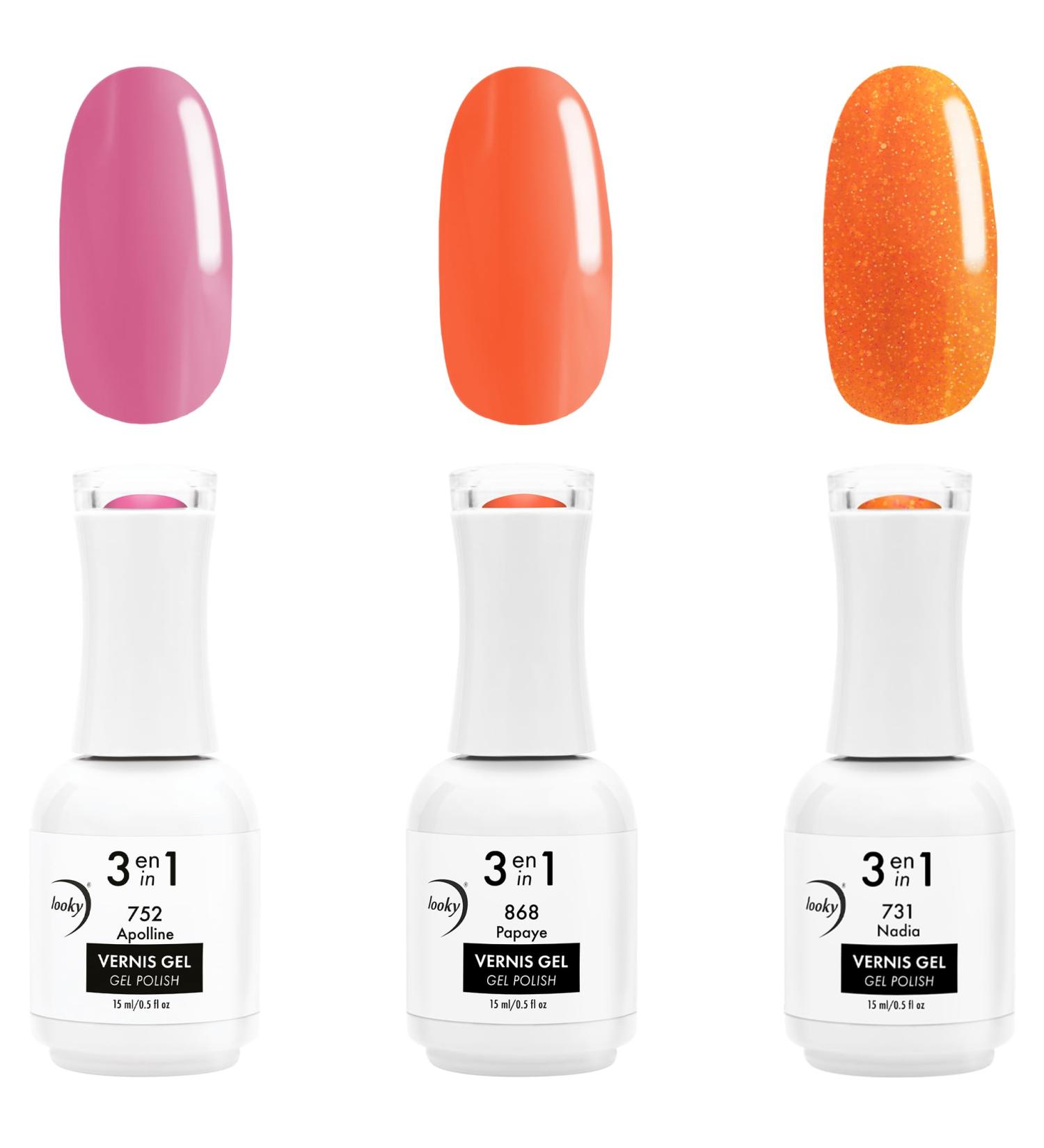 Looky 3-in-1 Gel Nail Polish 3 Pack Sunset Dreams #752 Apolline #868 Papaye #731 Nadia Combined Base Color Top Coat Salon Quality Manicure at Home DIY Easy Application Nail Lacquer Enamel Quick UV LED Curing Long Lasting Color 3 x 15ml (Sunset Dreams #752 - Buy Online on GoSupps.com